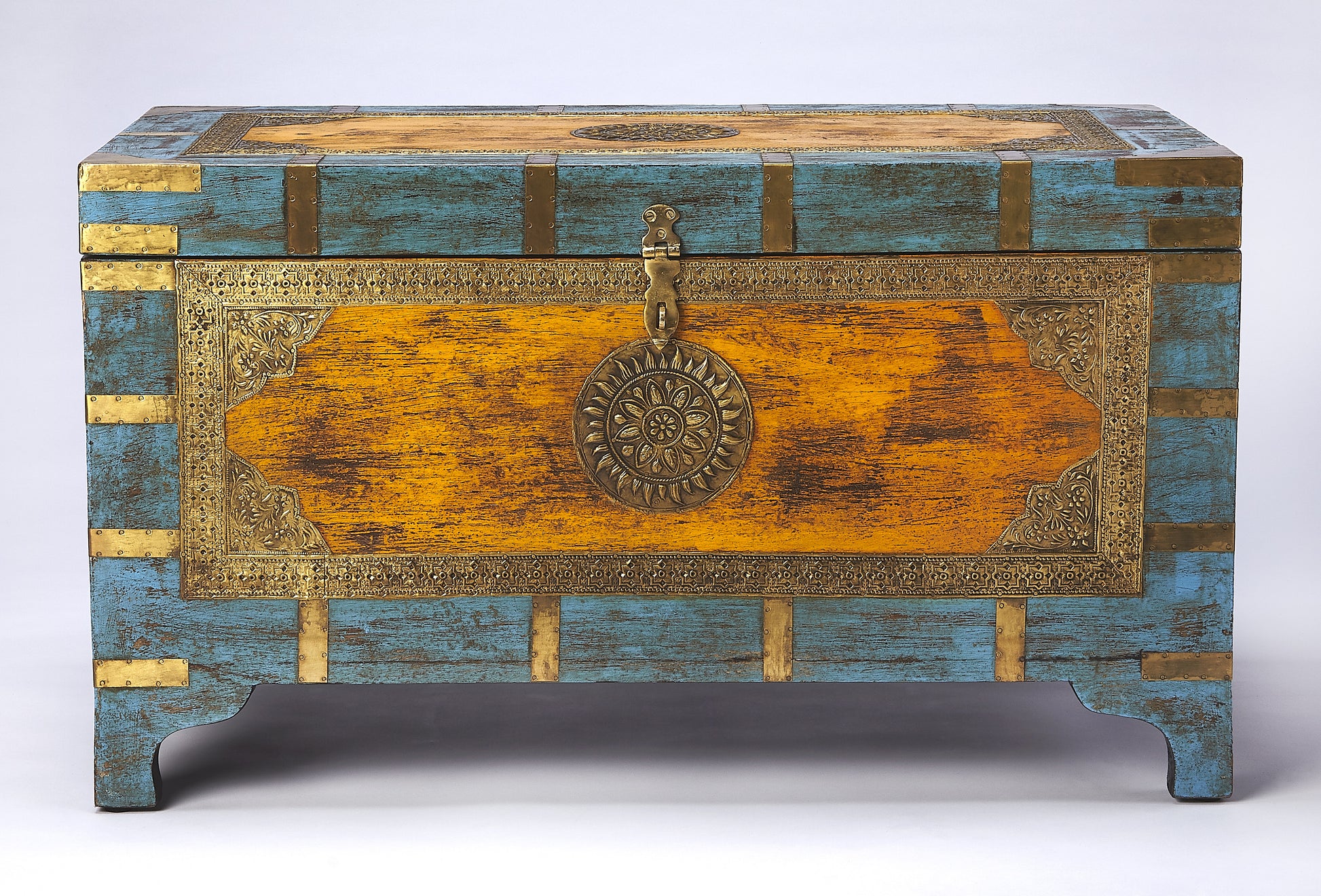 Butler Specialty Company Nador 32 in. W Rectangular Hand-Painted Brass Inlay Storage Trunk Coffee Table, Assorted