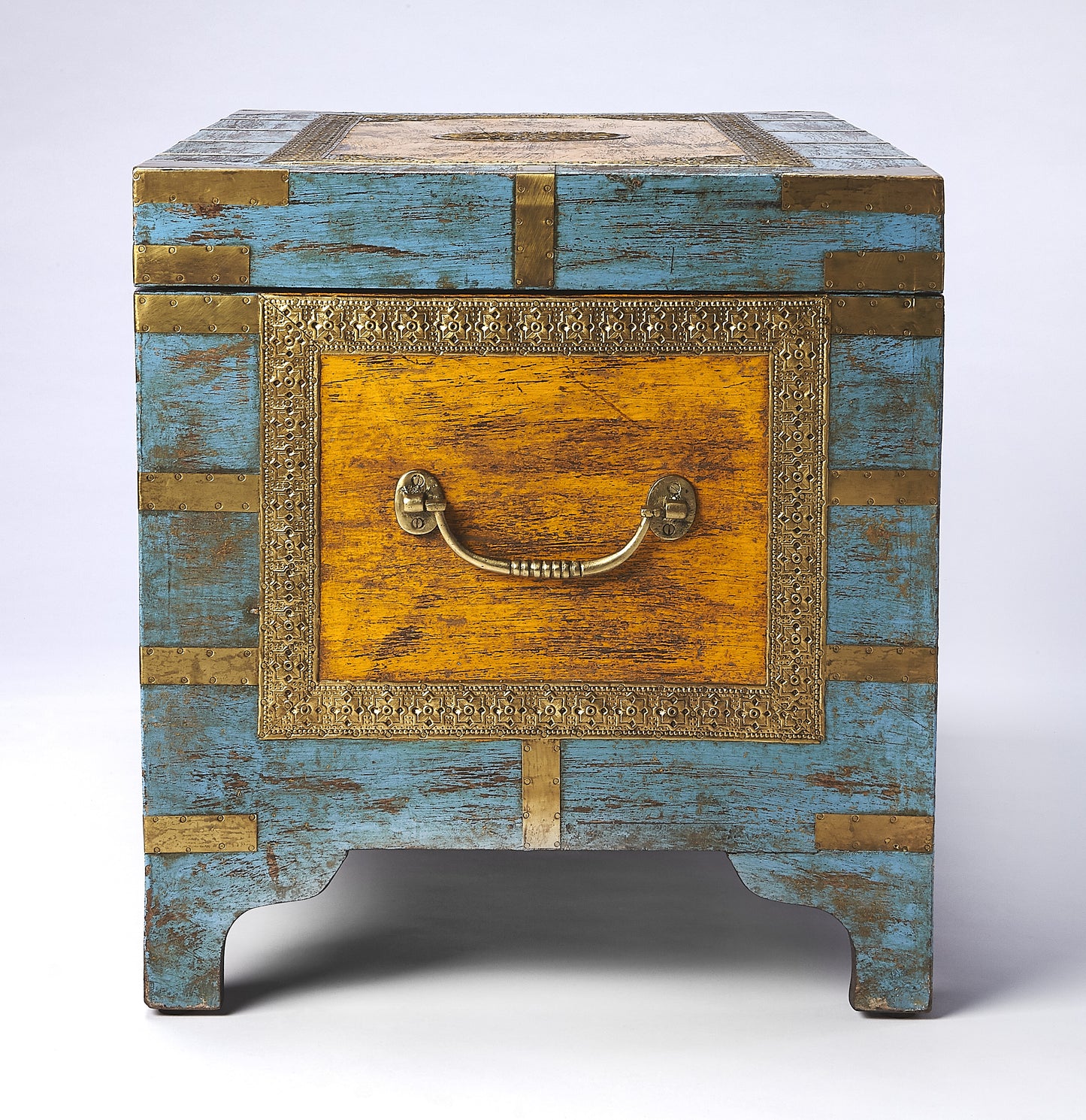 Butler Specialty Company Nador 32 in. W Rectangular Hand-Painted Brass Inlay Storage Trunk Coffee Table, Assorted