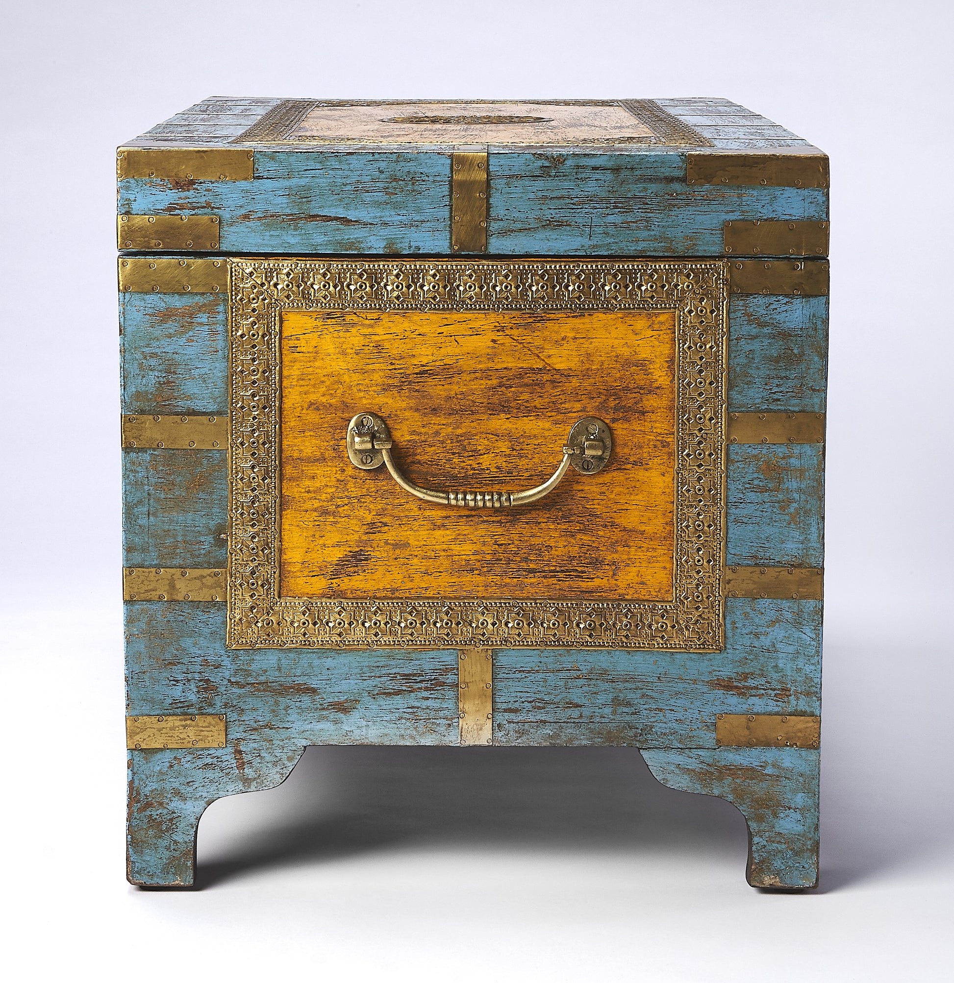 Butler Specialty Company Nador 32 in. W Rectangular Hand-Painted Brass Inlay Storage Trunk Coffee Table, Assorted