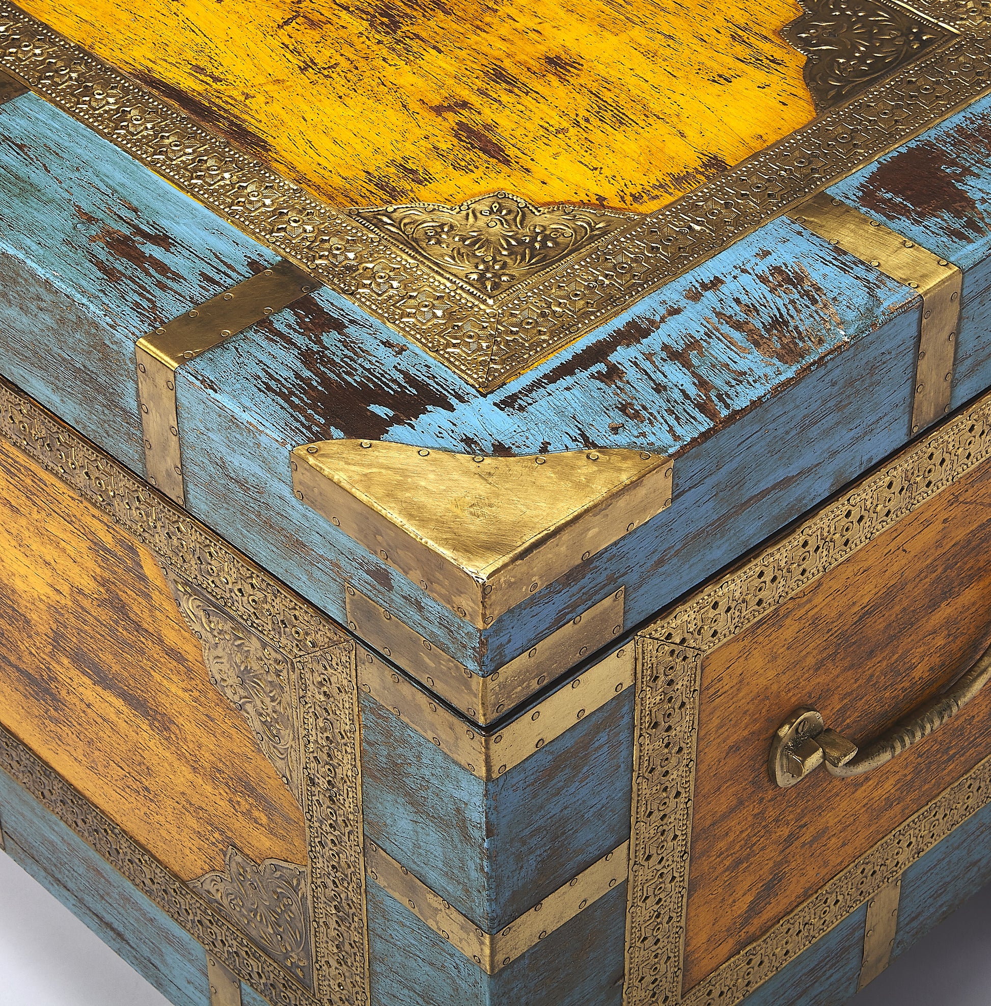 Butler Specialty Company Nador 32 in. W Rectangular Hand-Painted Brass Inlay Storage Trunk Coffee Table, Assorted