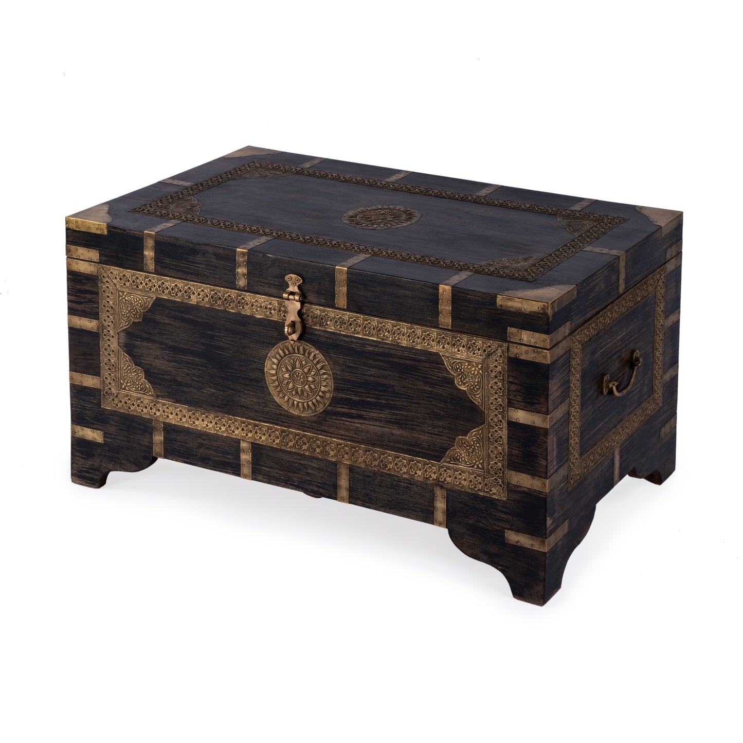 Nador Hand-Painted Brass Inlay Storage Trunk Coffee Table in Brown  3365451