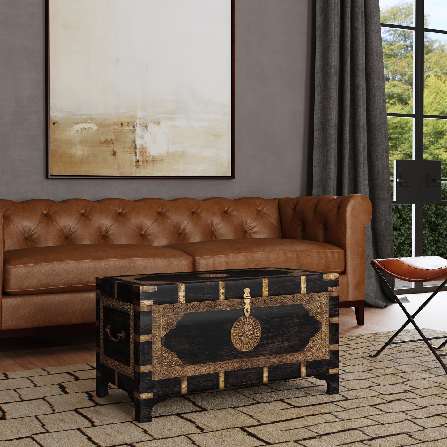 Nador Hand-Painted Brass Inlay Storage Trunk Coffee Table in Brown  3365451