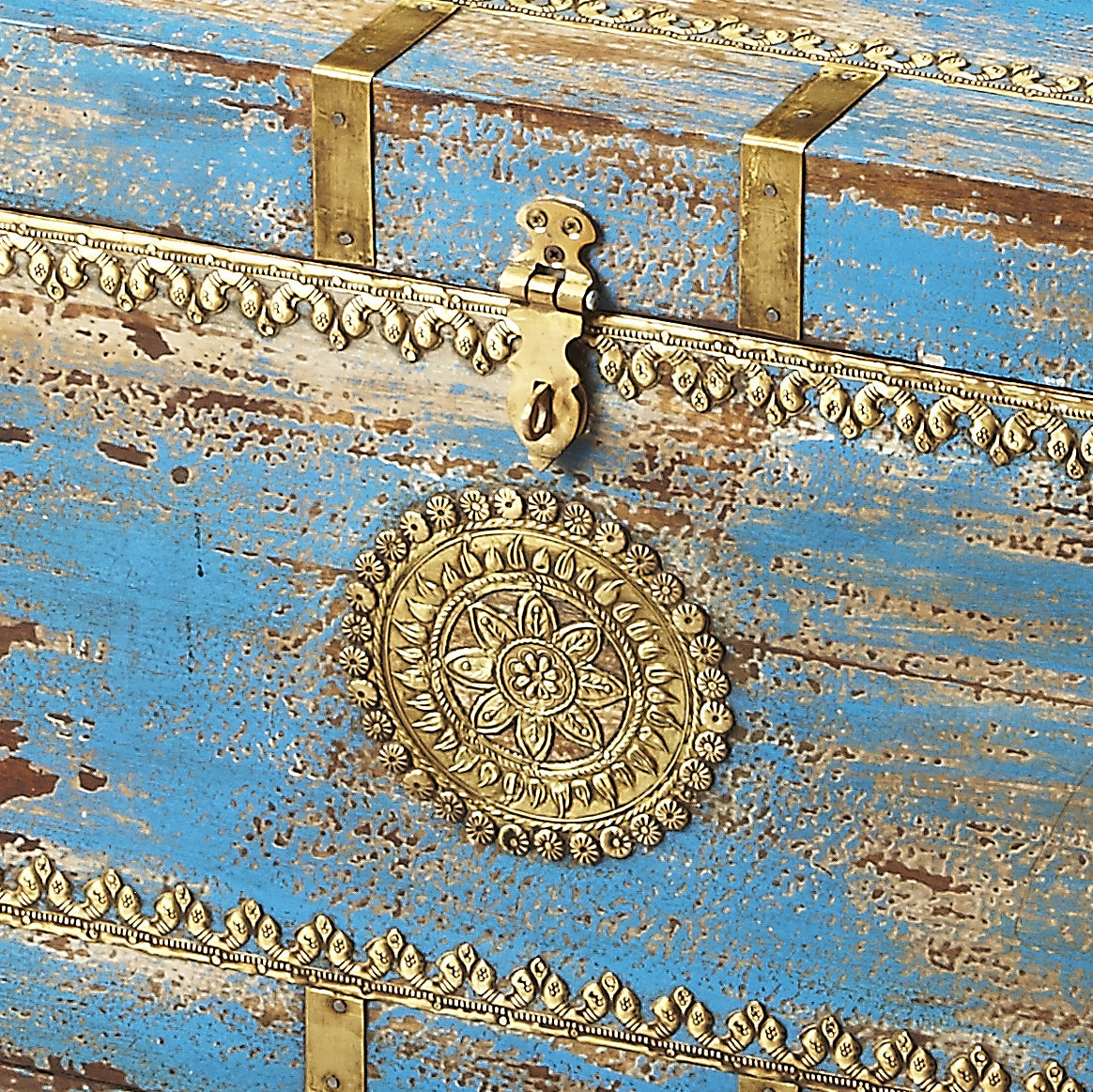 Butler Specialty Company Neela 31.5 in. W Rectangular Painted Brass Inlay Storage Trunk, Blue