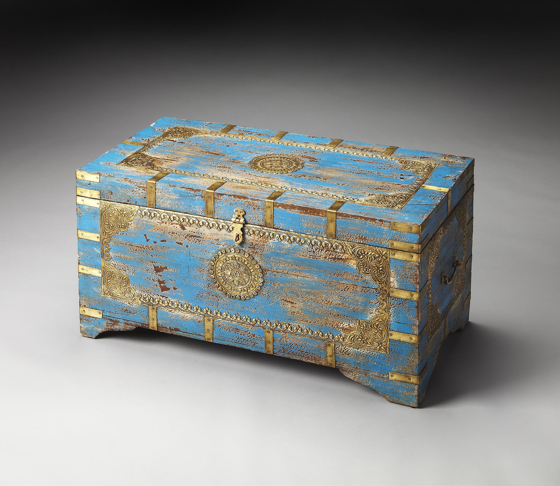 Butler Specialty Company Neela 31.5 in. W Rectangular Painted Brass Inlay Storage Trunk, Blue