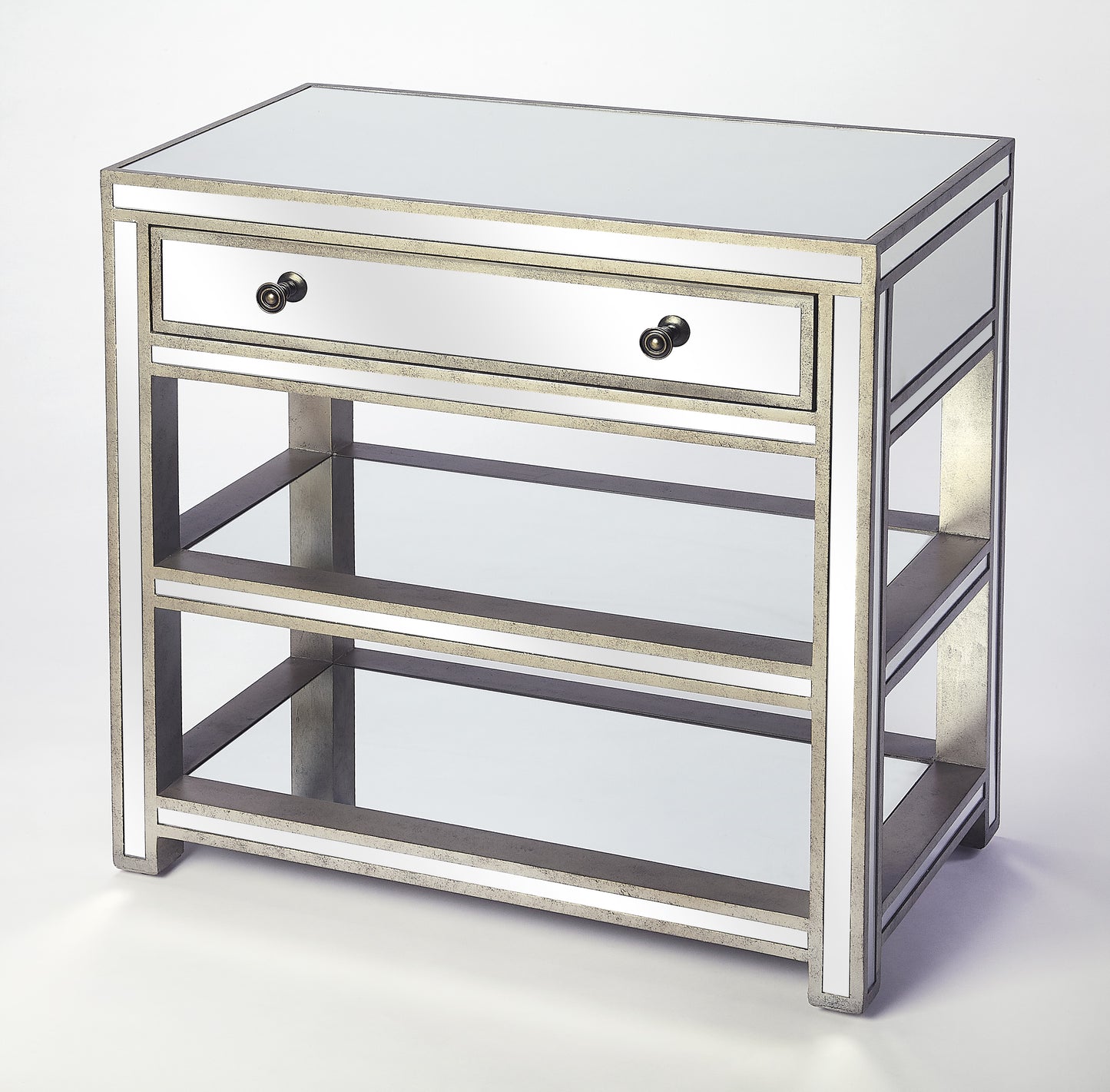 Butler Specialty Company Miranda 30 in. W Rectangular Mirrored 1 Drawer Console Table with 2 Open Shelves, Gold, Silver