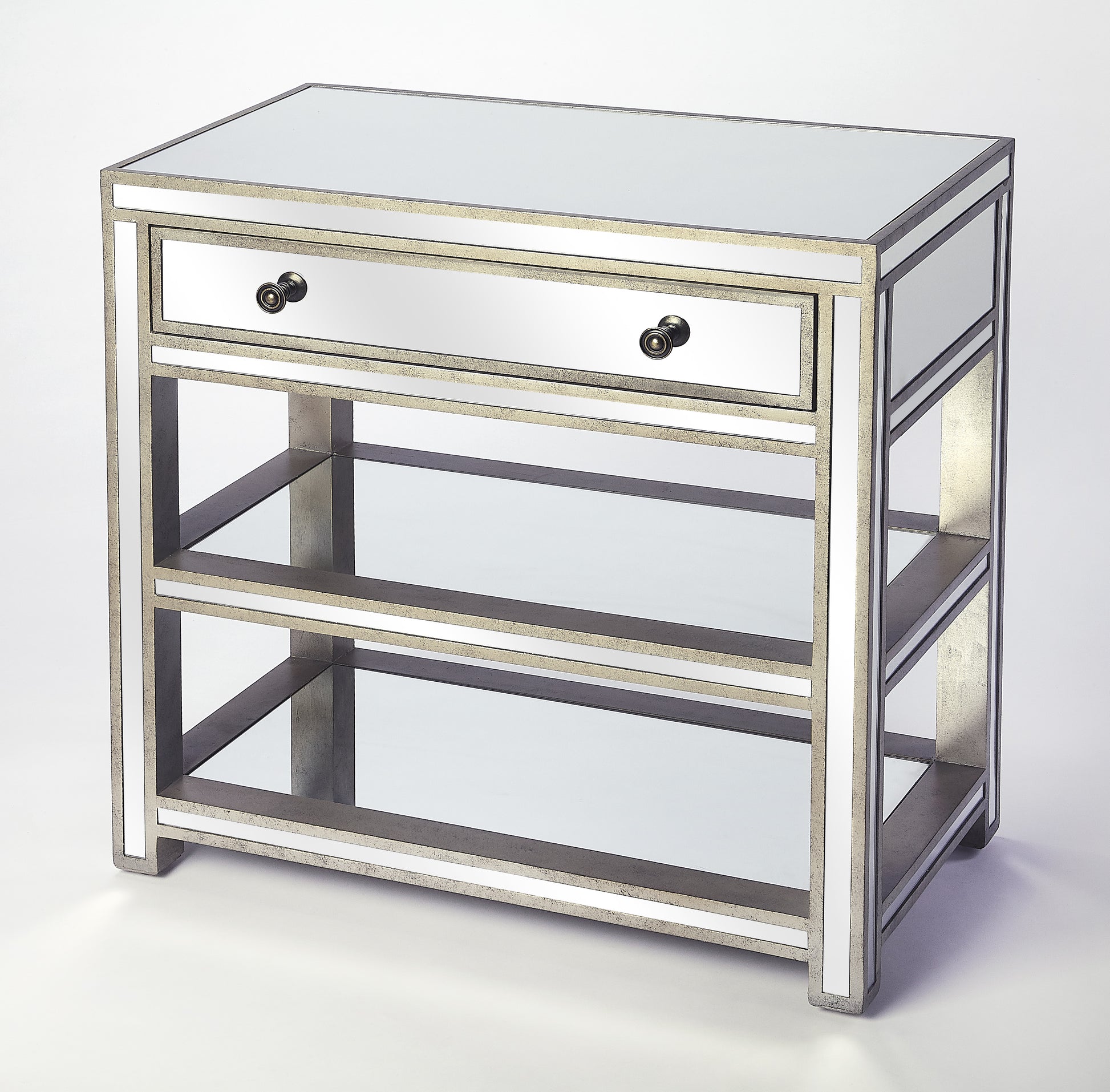 Butler Specialty Company Miranda 30 in. W Rectangular Mirrored 1 Drawer Console Table with 2 Open Shelves, Gold, Silver