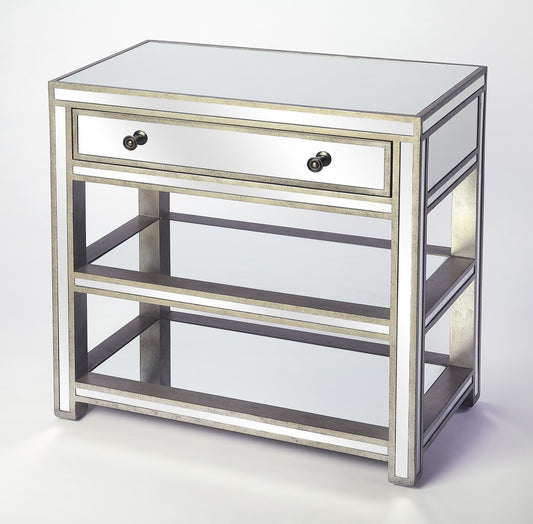 Butler Specialty Company Miranda 30 in. W Rectangular Mirrored 1 Drawer Console Table with 2 Open Shelves, Gold, Silver