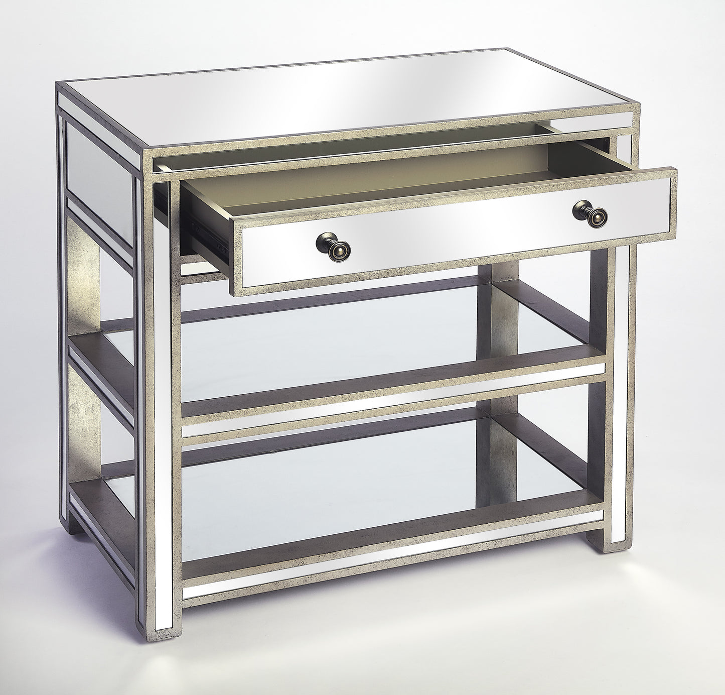 Butler Specialty Company Miranda 30 in. W Rectangular Mirrored 1 Drawer Console Table with 2 Open Shelves, Gold, Silver