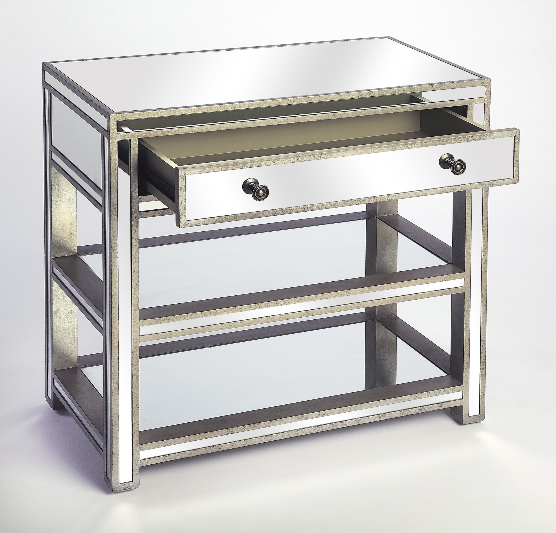 Butler Specialty Company Miranda 30 in. W Rectangular Mirrored 1 Drawer Console Table with 2 Open Shelves, Gold, Silver