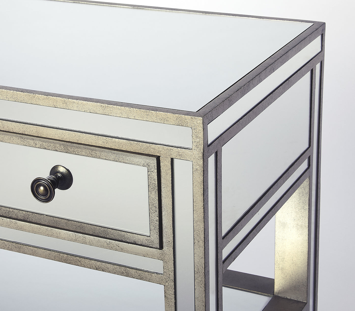 Butler Specialty Company Miranda 30 in. W Rectangular Mirrored 1 Drawer Console Table with 2 Open Shelves, Gold, Silver