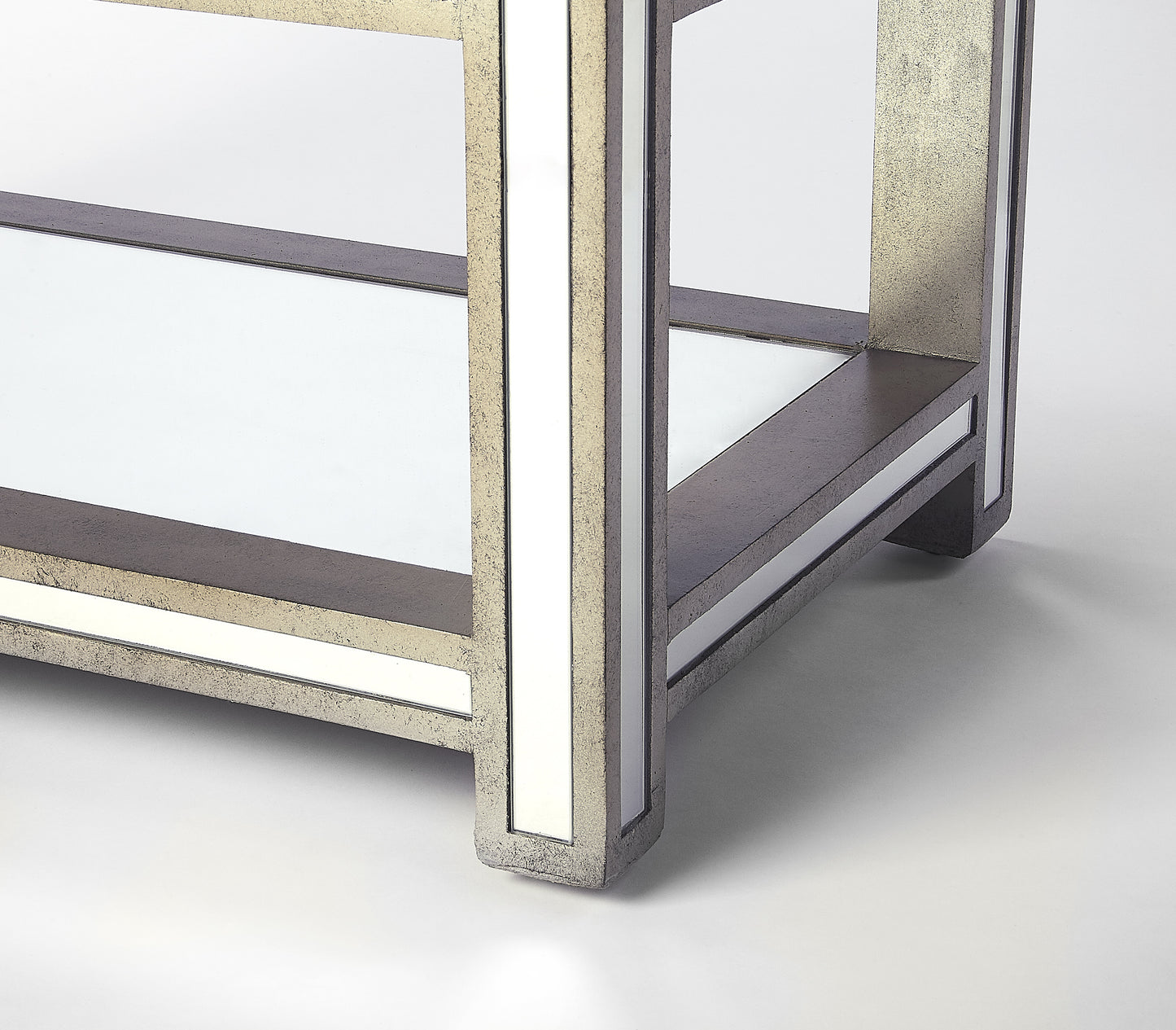 Butler Specialty Company Miranda 30 in. W Rectangular Mirrored 1 Drawer Console Table with 2 Open Shelves, Gold, Silver