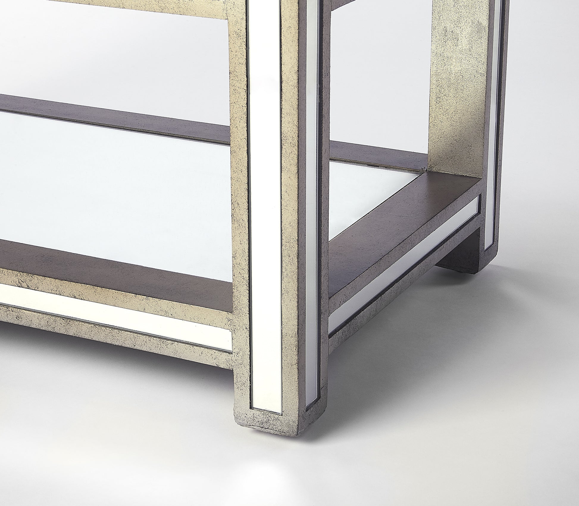Butler Specialty Company Miranda 30 in. W Rectangular Mirrored 1 Drawer Console Table with 2 Open Shelves, Gold, Silver