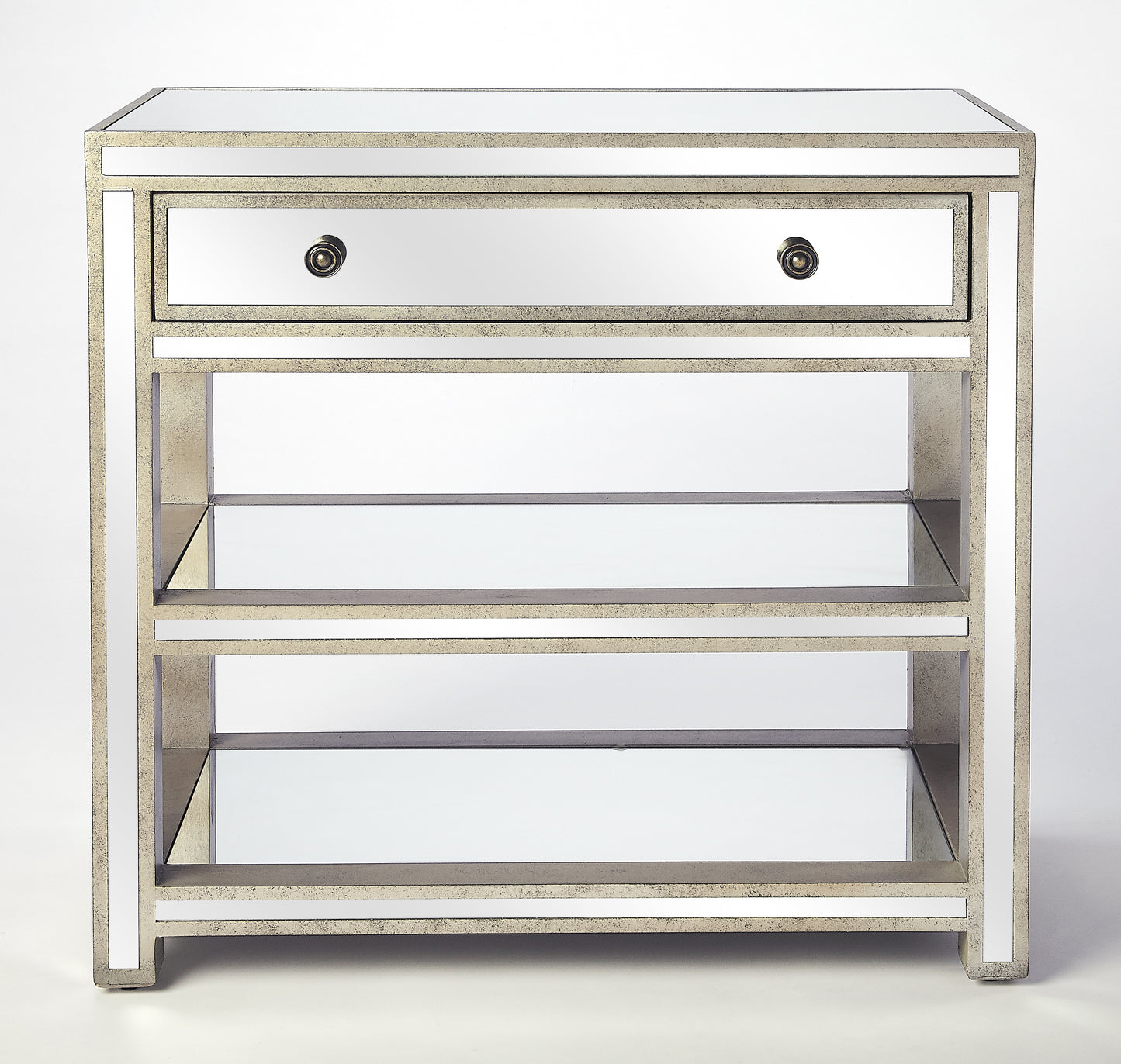 Butler Specialty Company Miranda 30 in. W Rectangular Mirrored 1 Drawer Console Table with 2 Open Shelves, Gold, Silver