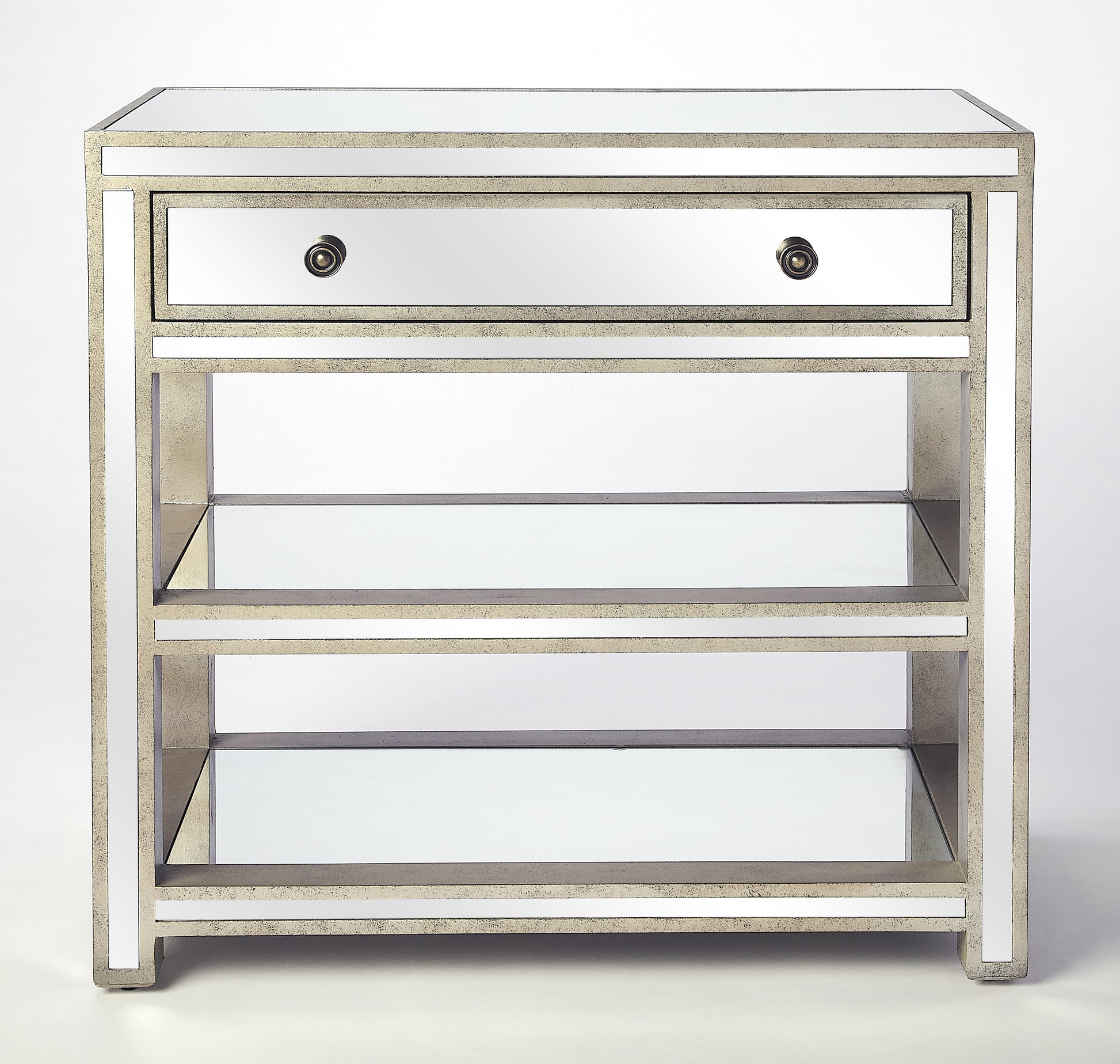 Butler Specialty Company Miranda 30 in. W Rectangular Mirrored 1 Drawer Console Table with 2 Open Shelves, Gold, Silver