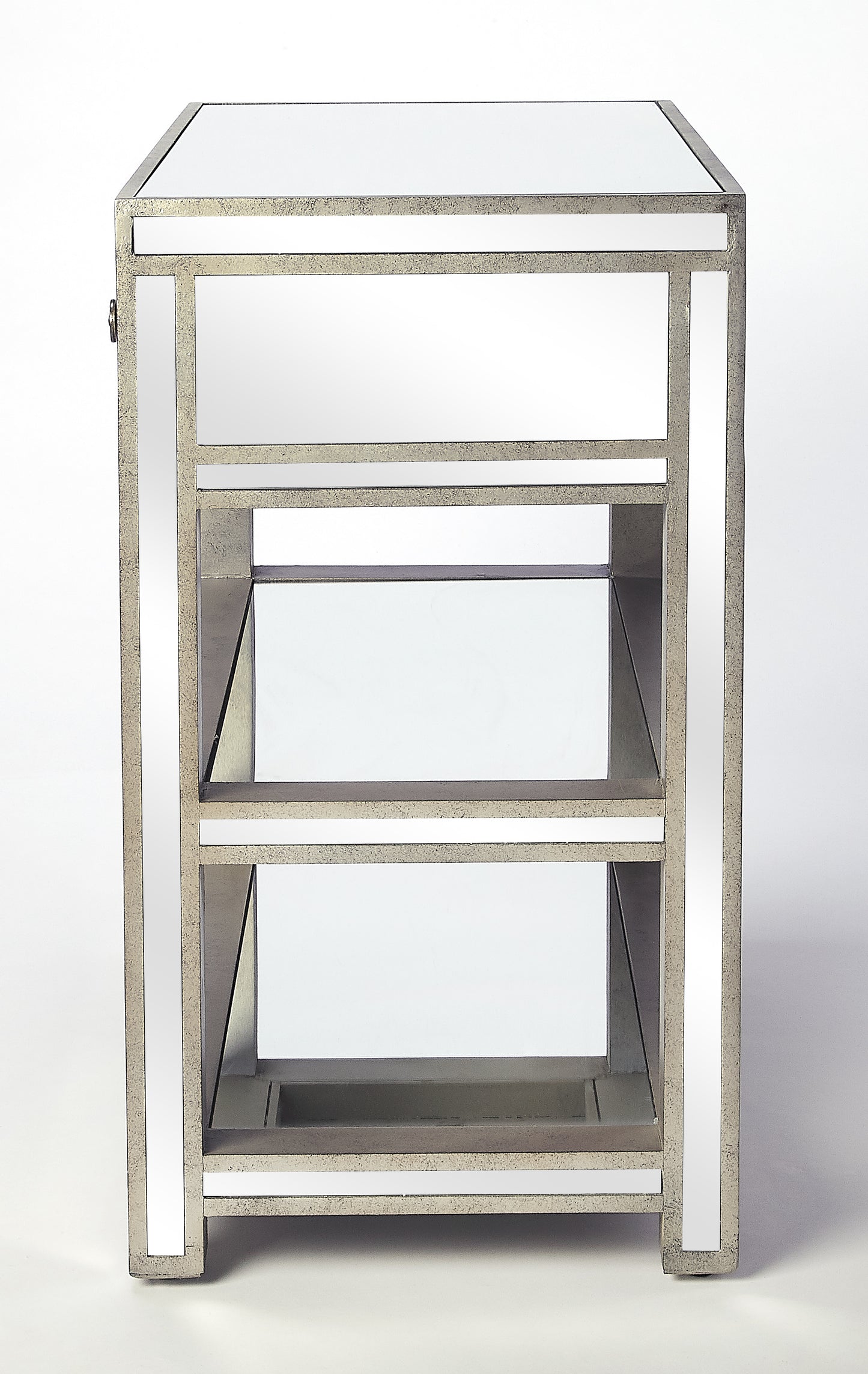 Butler Specialty Company Miranda 30 in. W Rectangular Mirrored 1 Drawer Console Table with 2 Open Shelves, Gold, Silver