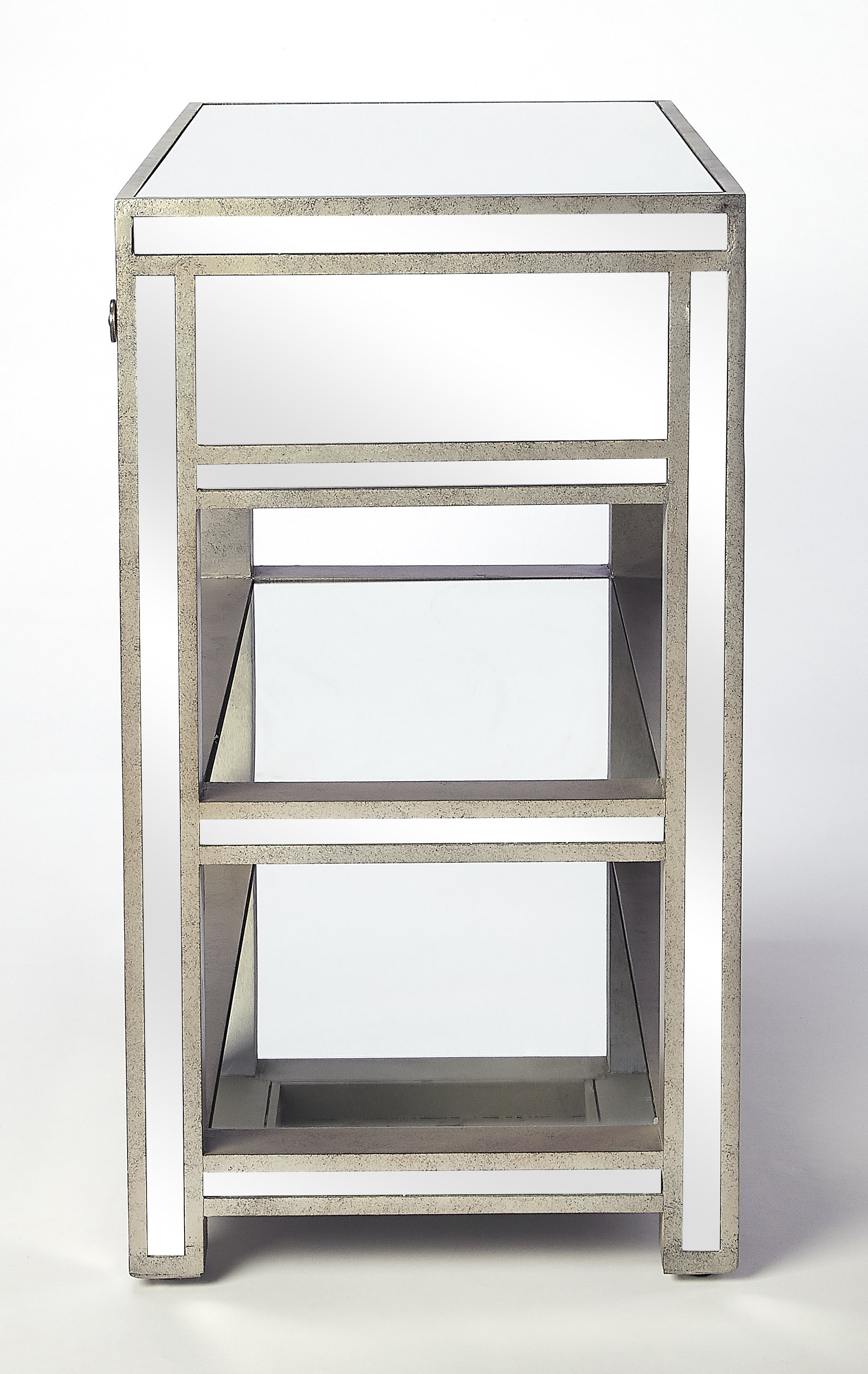 Butler Specialty Company Miranda 30 in. W Rectangular Mirrored 1 Drawer Console Table with 2 Open Shelves, Gold, Silver