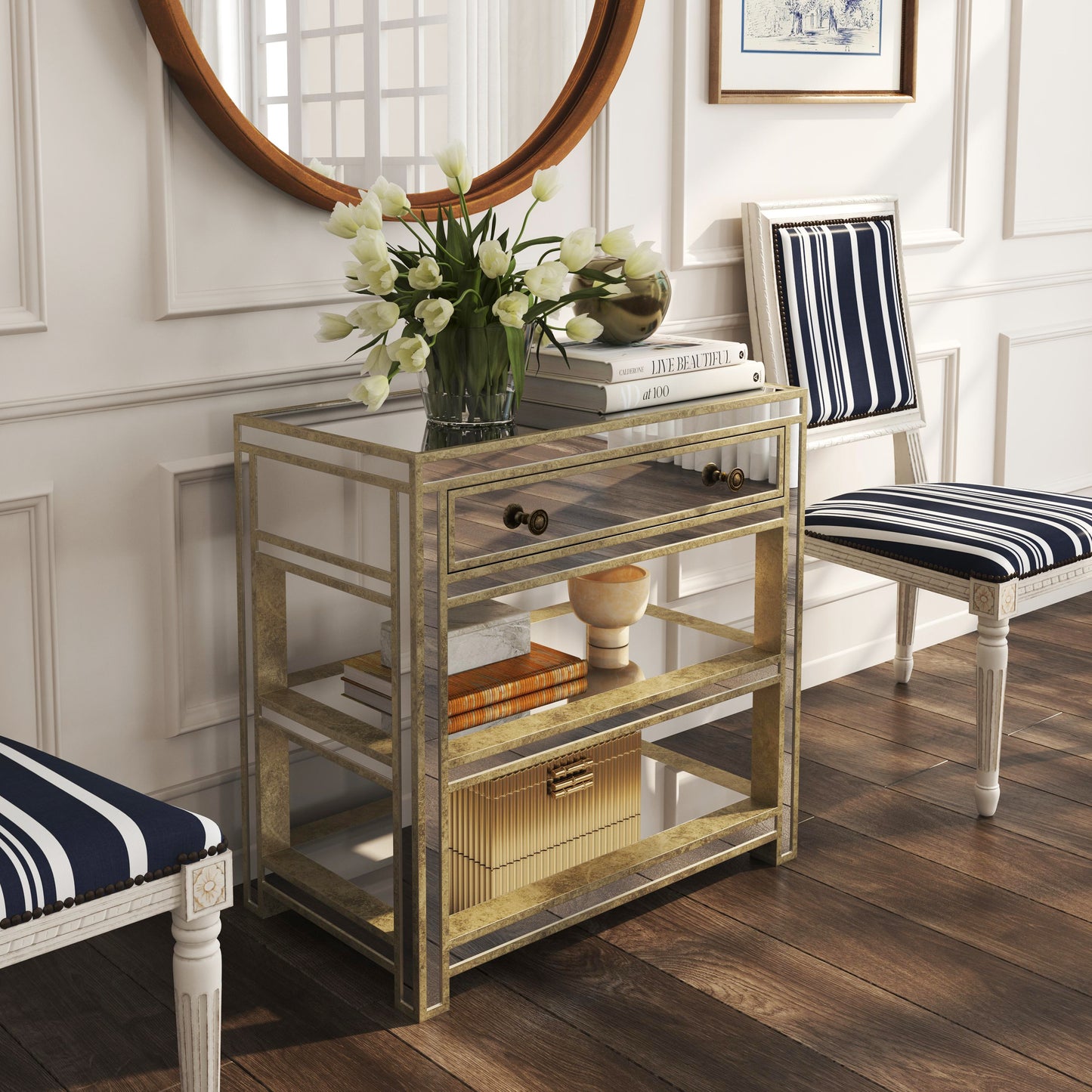Butler Specialty Company Miranda 30 in. W Rectangular Mirrored 1 Drawer Console Table with 2 Open Shelves, Gold, Silver