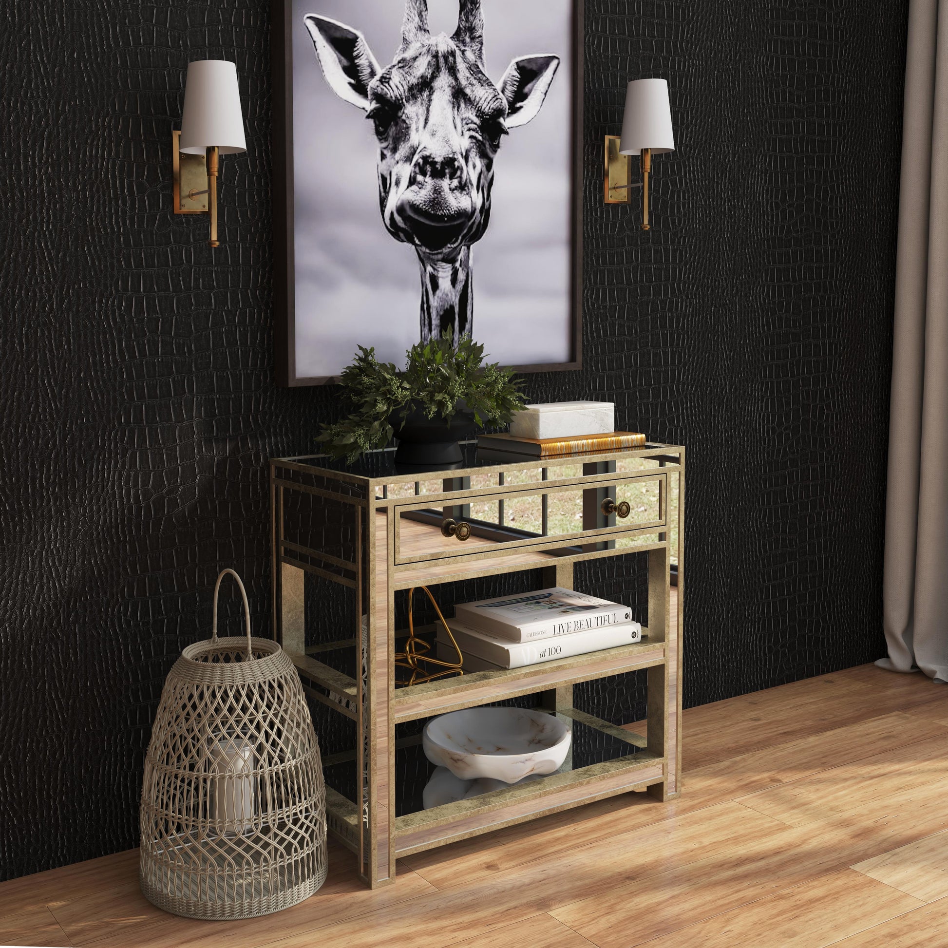 Butler Specialty Company Miranda 30 in. W Rectangular Mirrored 1 Drawer Console Table with 2 Open Shelves, Gold, Silver