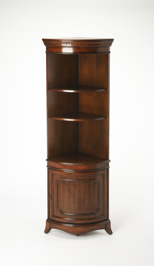 Butler Specialty Company Dowling 24 in. W x 73 in. H Quarter Round Wood Corner Cabinet with 3 Open Shelves and 1 Lower Storage Cabinet, Dark Brown