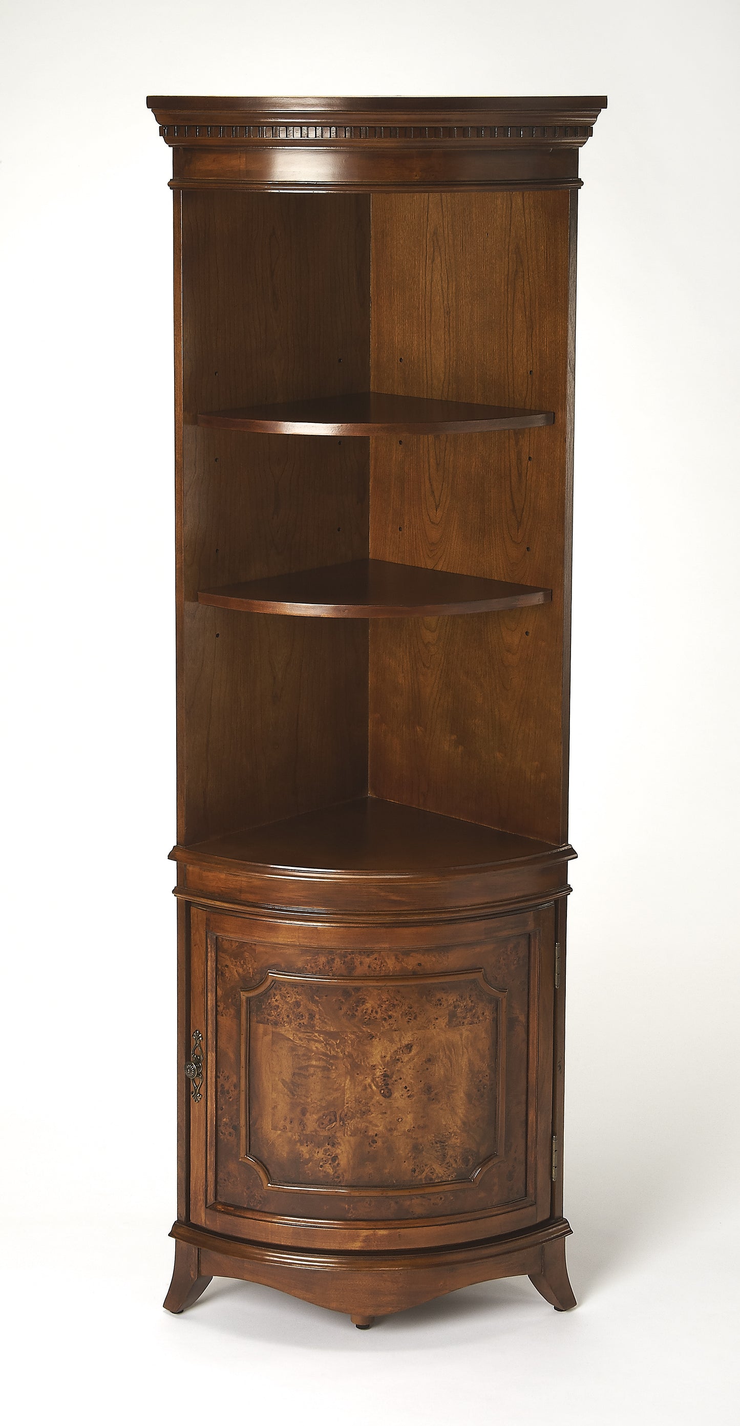 Butler Specialty Company Dowling 24 in. W x 73 in. H Quarter Round Wood Corner Cabinet with 3 Open Shelves and 1 Lower Storage Cabinet, Medium Brown