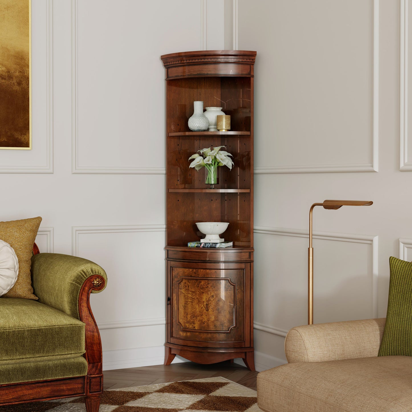Butler Specialty Company Dowling 24 in. W x 73 in. H Quarter Round Wood Corner Cabinet with 3 Open Shelves and 1 Lower Storage Cabinet, Medium Brown