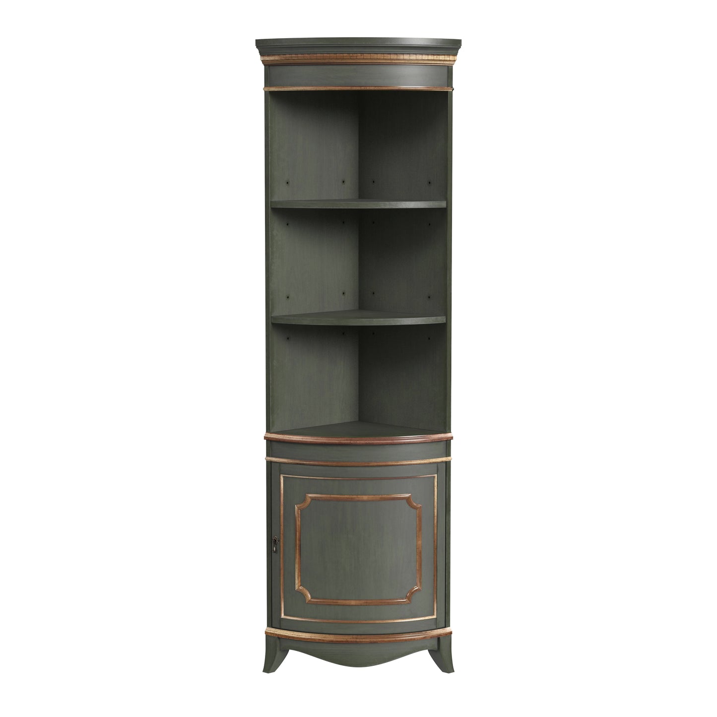 Butler Specialty Company Dowling 24 in. W x 73 in. H Quarter Round Wood Corner Cabinet with 3 Open Shelves and 1 Lower Storage Cabinet, Pastel Green