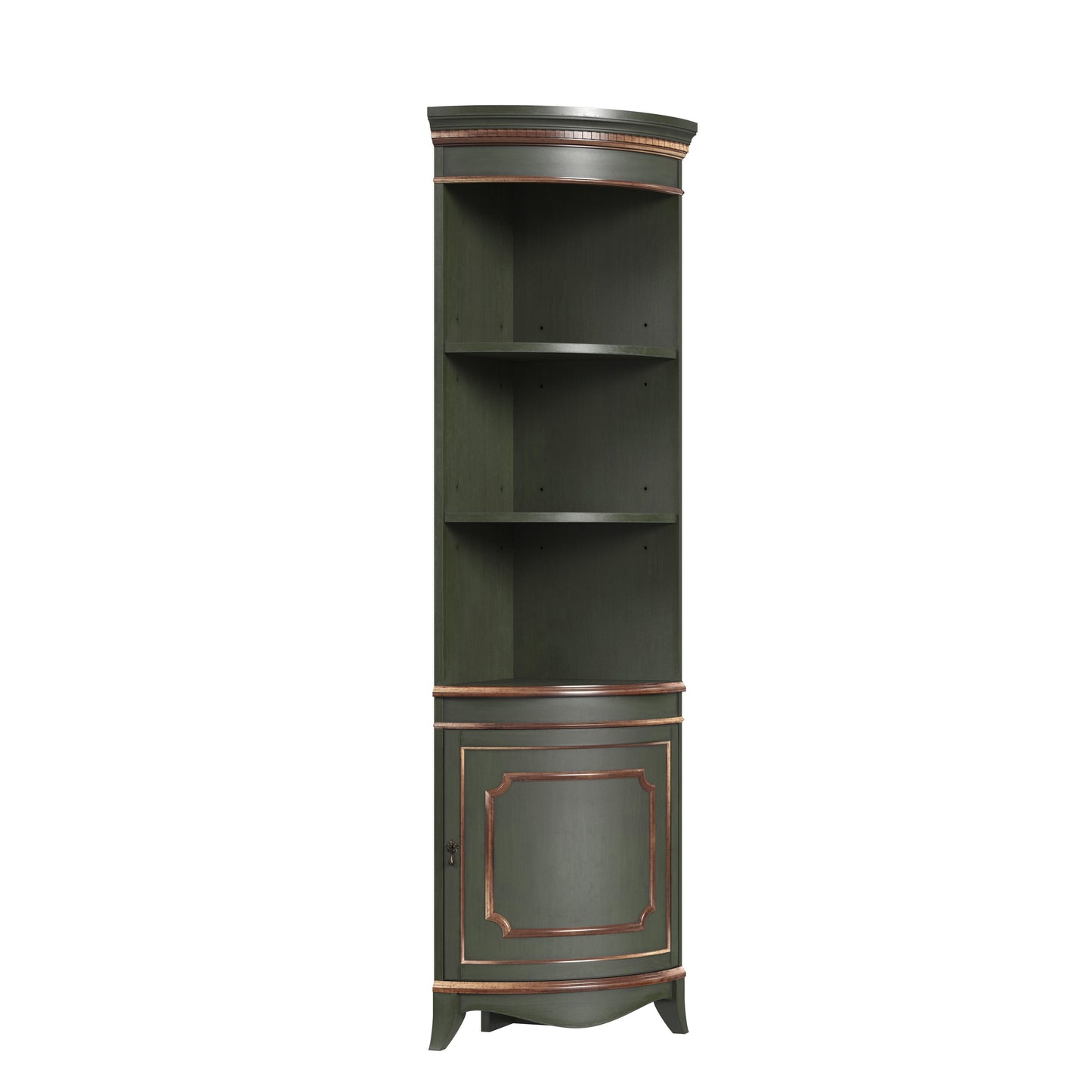 Butler Specialty Company Dowling 24 in. W x 73 in. H Quarter Round Wood Corner Cabinet with 3 Open Shelves and 1 Lower Storage Cabinet, Pastel Green