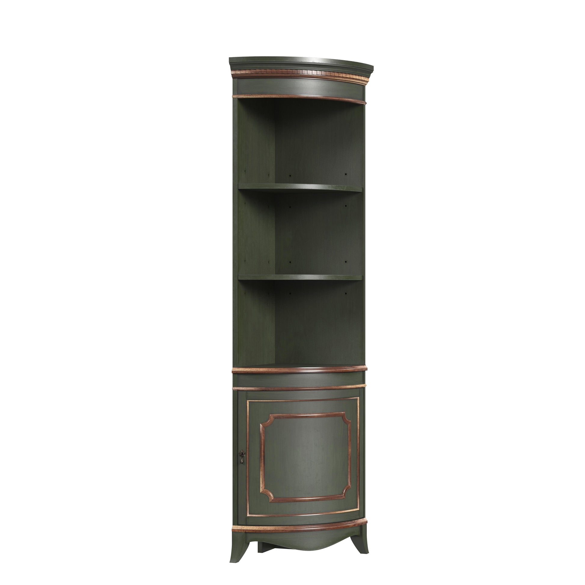 Butler Specialty Company Dowling 24 in. W x 73 in. H Quarter Round Wood Corner Cabinet with 3 Open Shelves and 1 Lower Storage Cabinet, Pastel Green