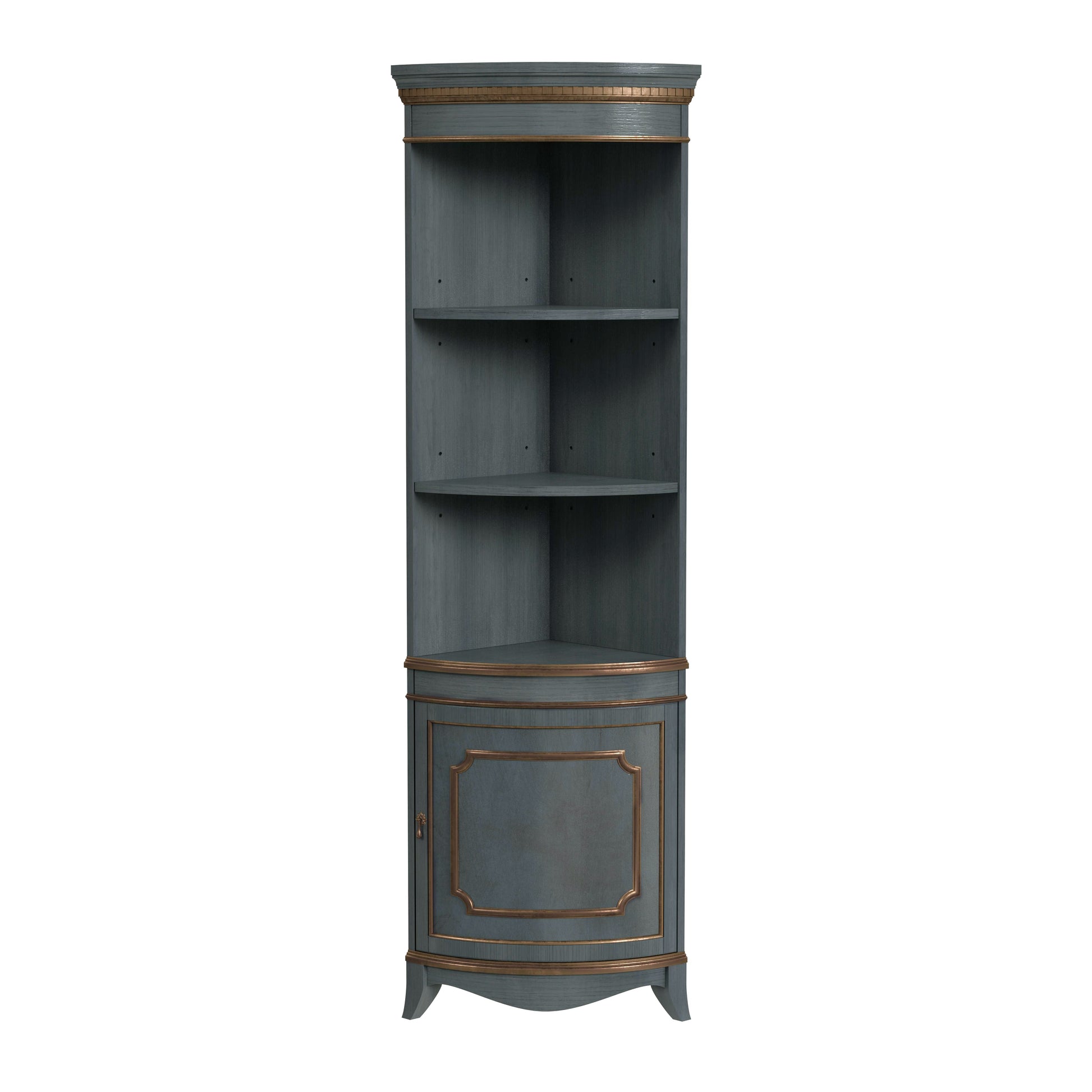 Butler Specialty Company Dowling 24 in. W x 73 in. H Quarter Round Wood Corner Cabinet with 3 Open Shelves and 1 Lower Storage Cabinet, Pastel Blue