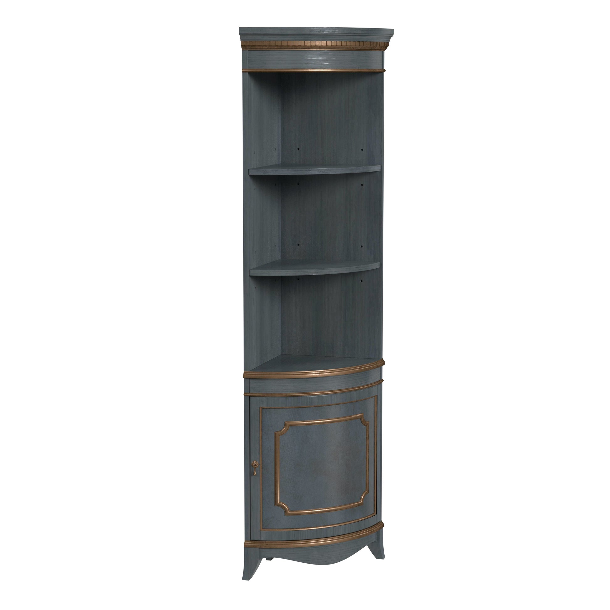 Butler Specialty Company Dowling 24 in. W x 73 in. H Quarter Round Wood Corner Cabinet with 3 Open Shelves and 1 Lower Storage Cabinet, Pastel Blue