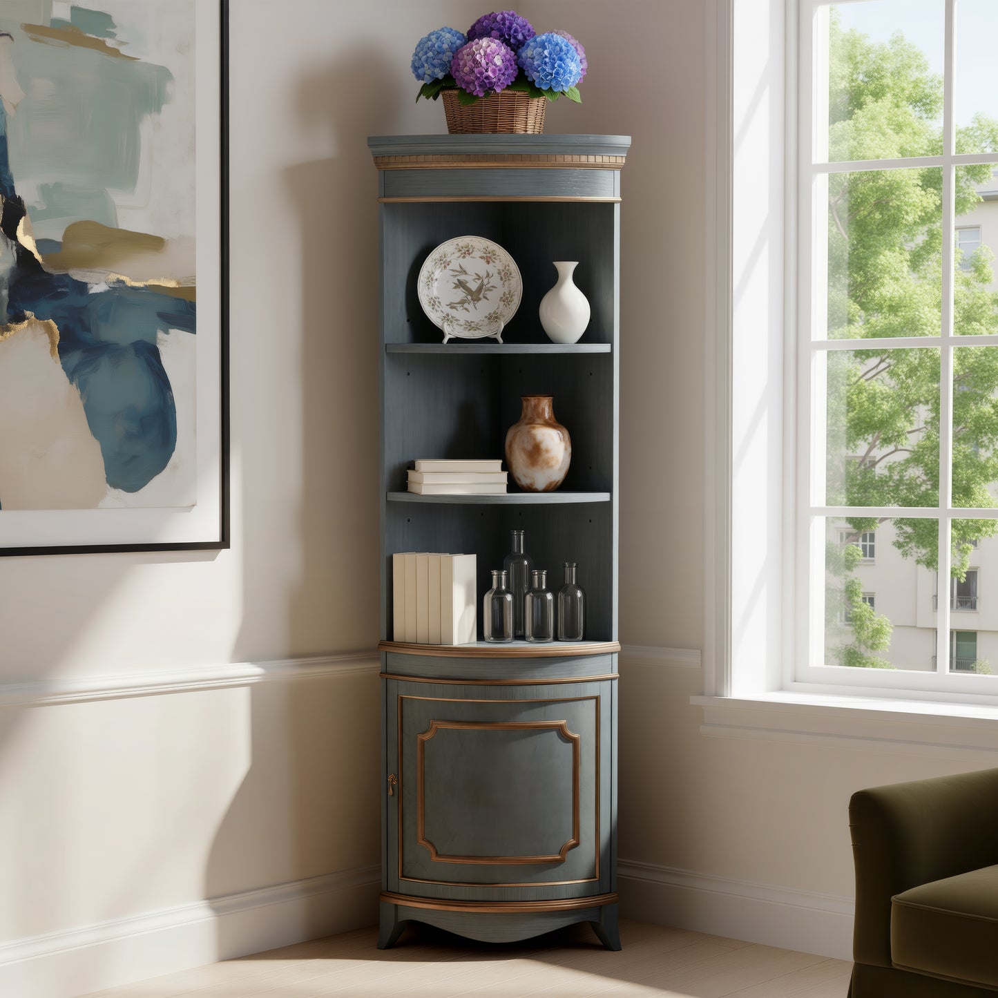 Butler Specialty Company Dowling 24 in. W x 73 in. H Quarter Round Wood Corner Cabinet with 3 Open Shelves and 1 Lower Storage Cabinet, Pastel Blue