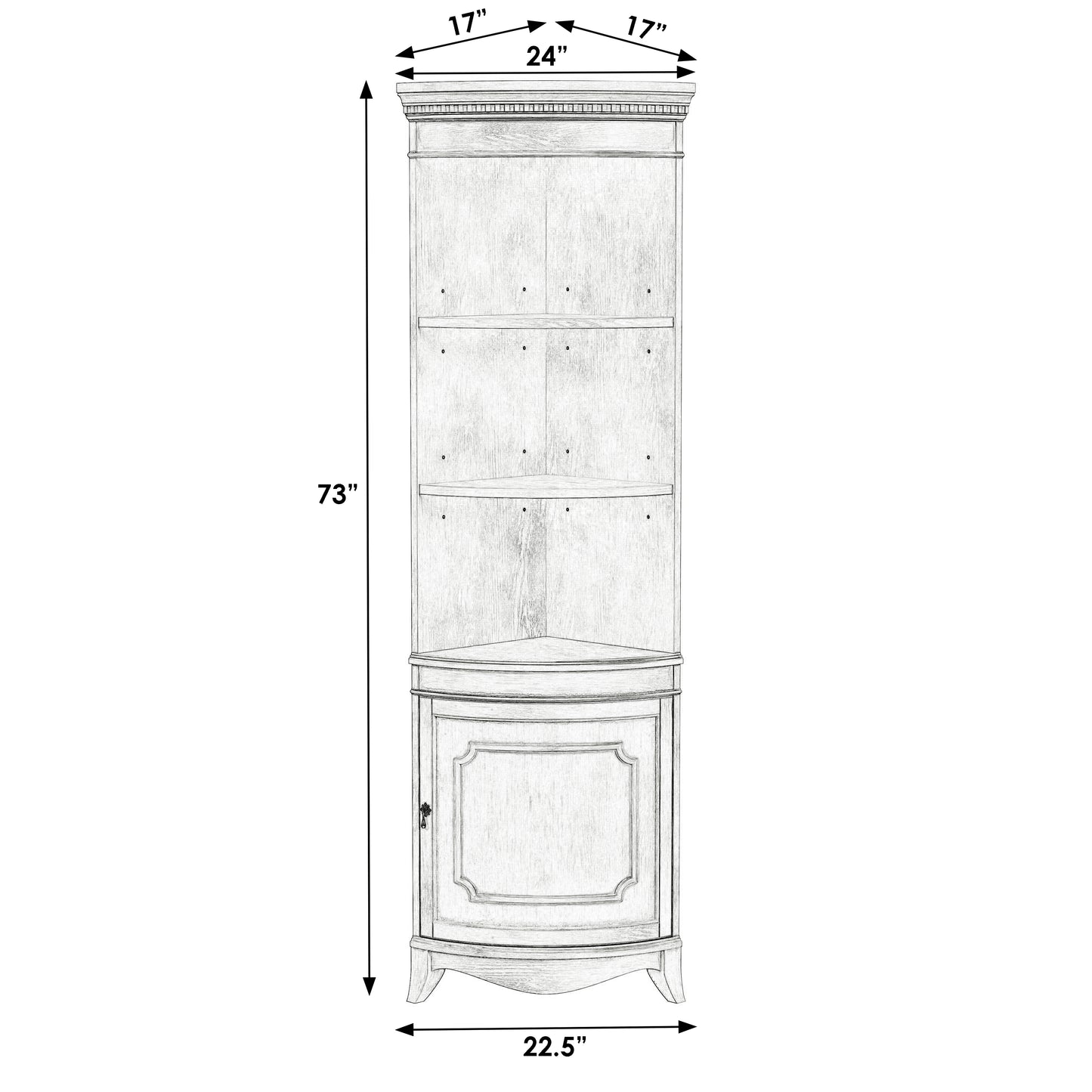 Butler Specialty Company Dowling 24 in. W x 73 in. H Quarter Round Wood Corner Cabinet with 3 Open Shelves and 1 Lower Storage Cabinet, Pastel Blue