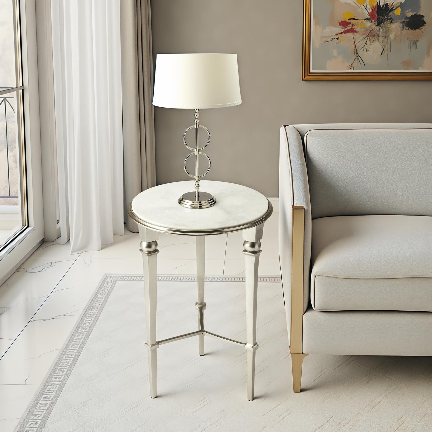 Butler Specialty Company Darrieux 16 in. W Round Marble and Metal Side Table, Silver