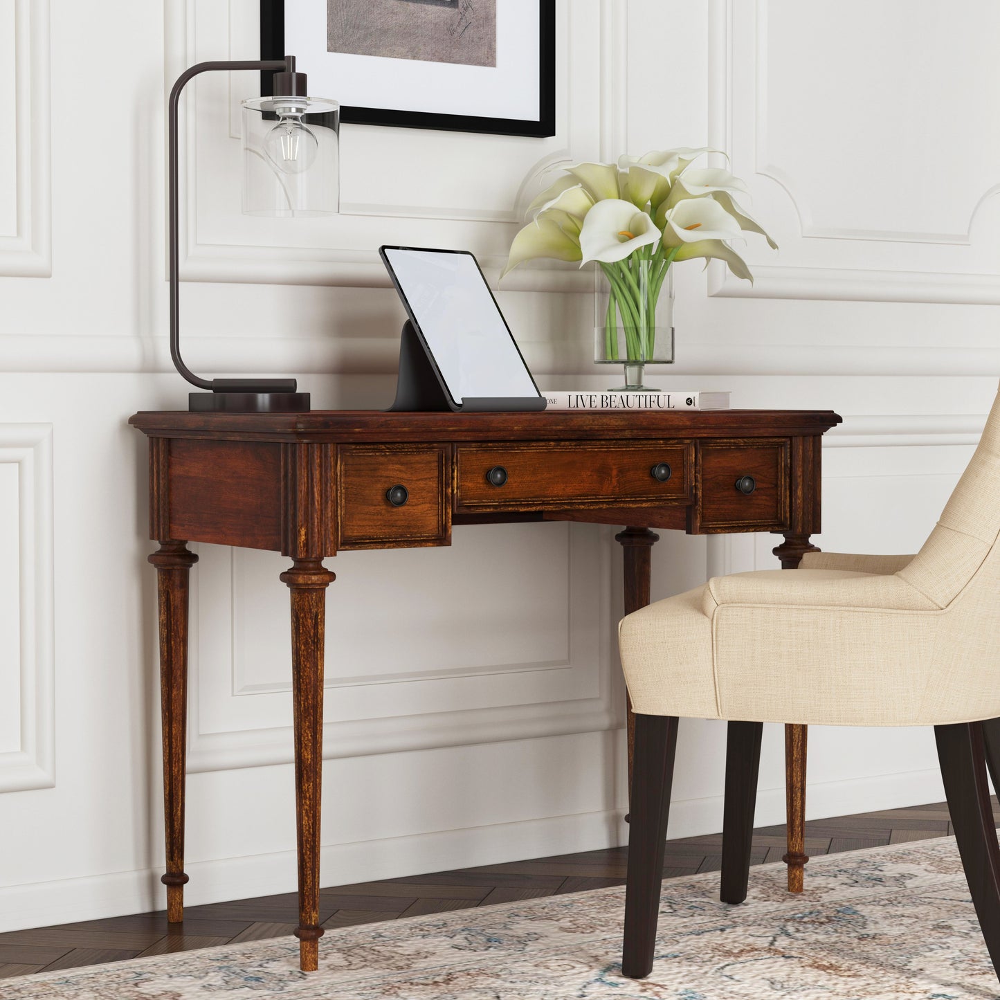 Butler Specialty Company Edmund 38 in. W Rectangular Wood 3 Drawer Traditional Writing Desk, Medium Brown