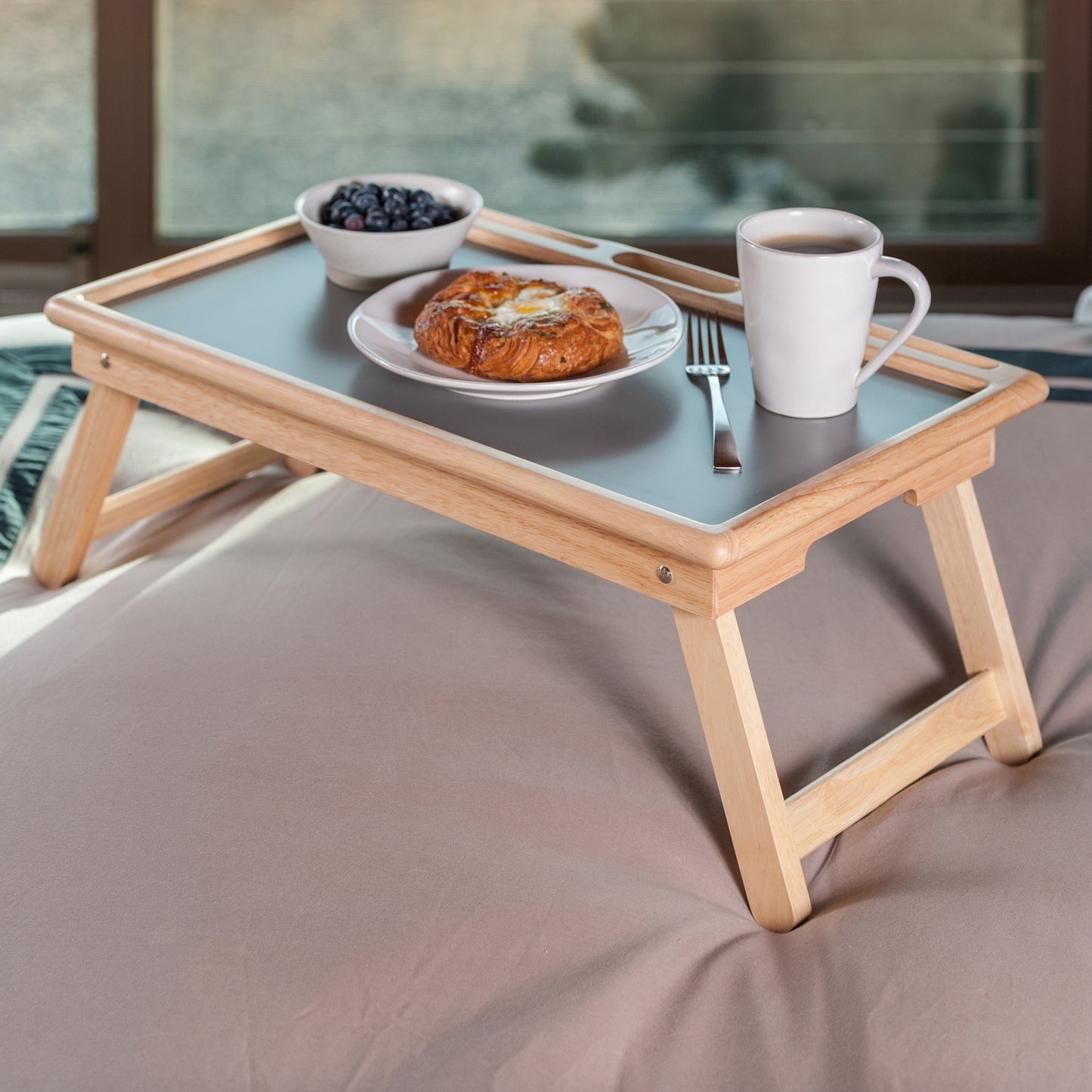 Arlo Breakfast Tray with Flip Top, Gray and Natural
