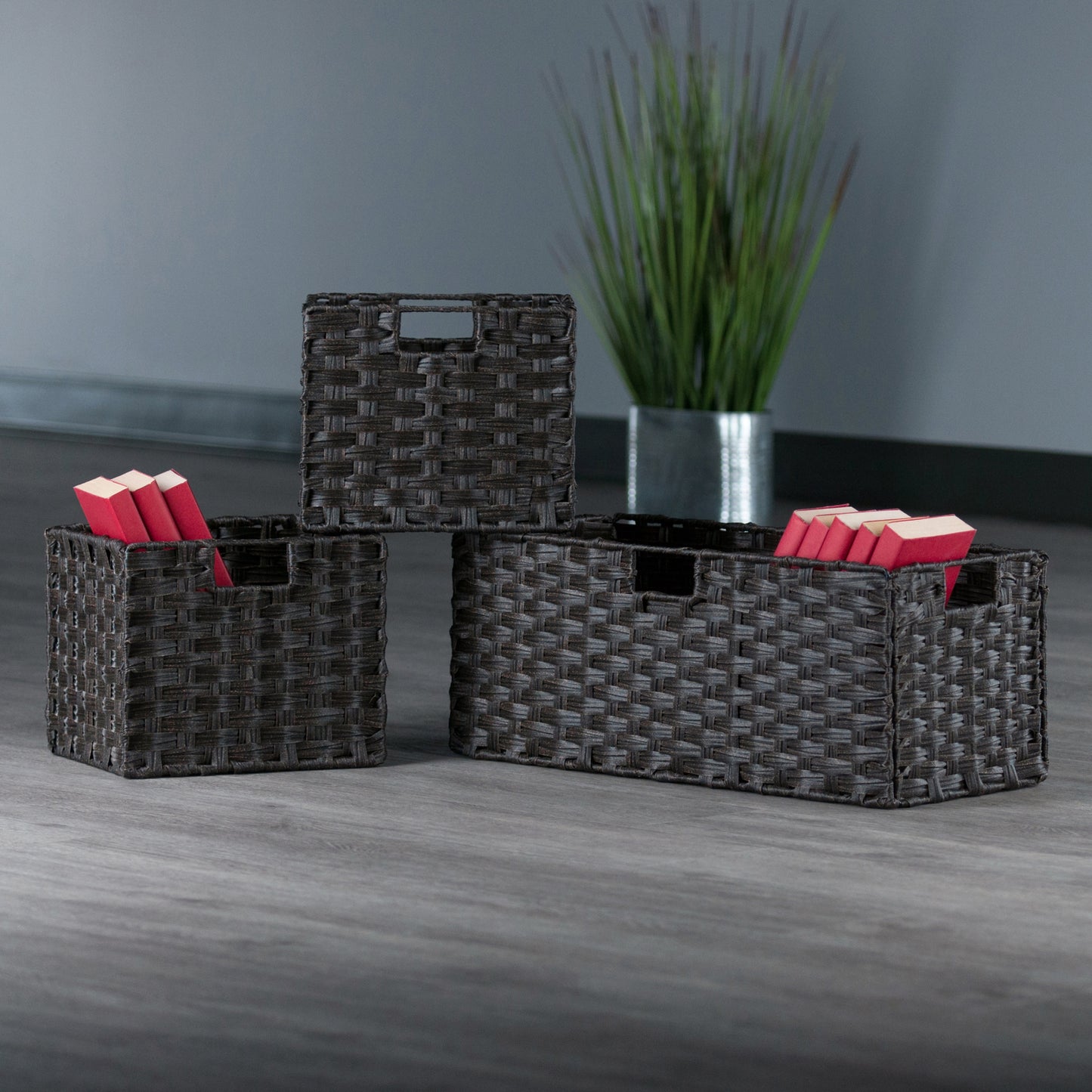 Melanie 3-Pc Foldable Woven Fiber Basket Set, Chocolate
