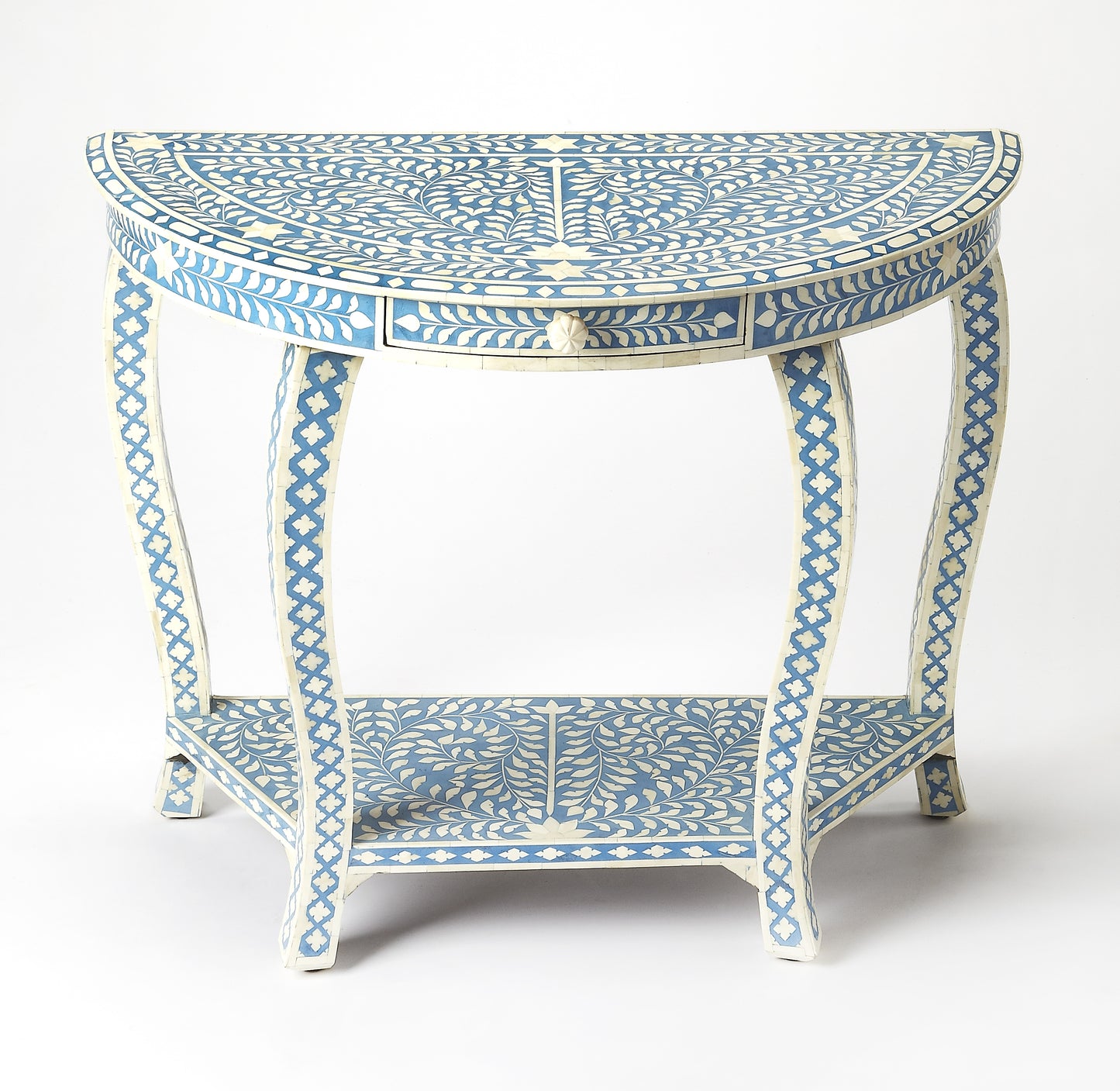 Butler Specialty Company Vivienne 37.5 in. W Demilune Bone Inlay 1 Drawer Console Table with Lower Open Shelf, Sky Blue