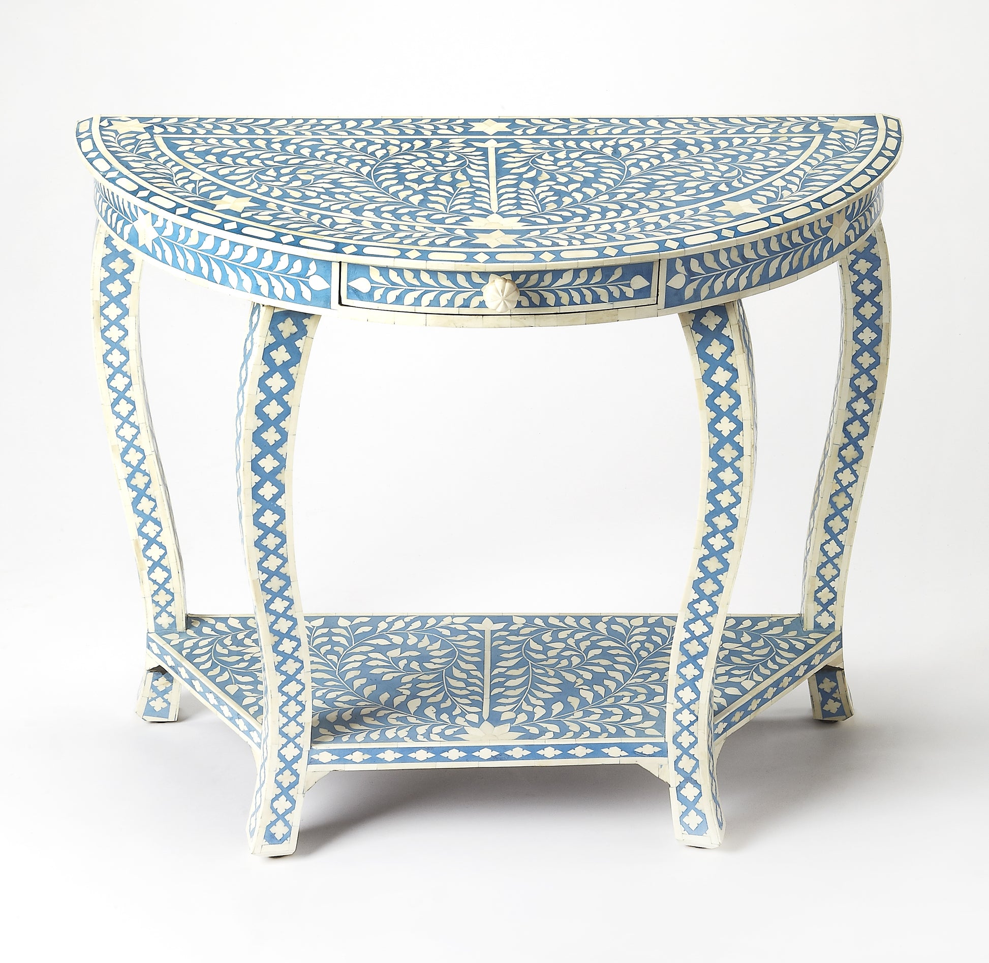 Butler Specialty Company Vivienne 37.5 in. W Demilune Bone Inlay 1 Drawer Console Table with Lower Open Shelf, Sky Blue