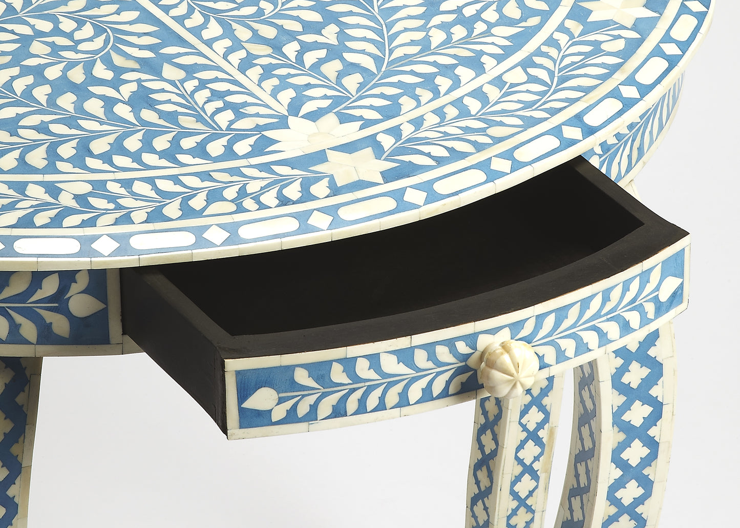 Butler Specialty Company Vivienne 37.5 in. W Demilune Bone Inlay 1 Drawer Console Table with Lower Open Shelf, Sky Blue