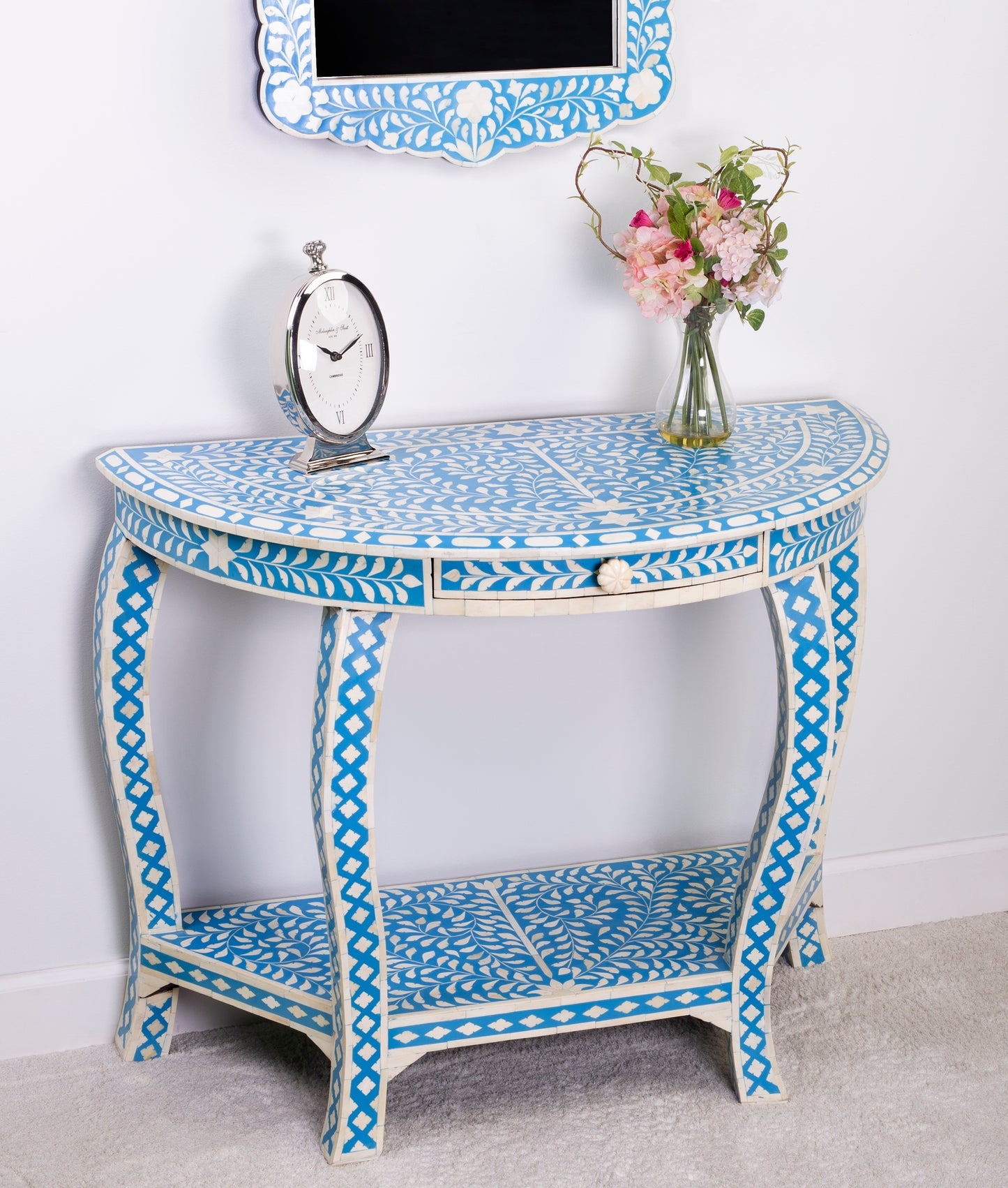 Butler Specialty Company Vivienne 37.5 in. W Demilune Bone Inlay 1 Drawer Console Table with Lower Open Shelf, Sky Blue