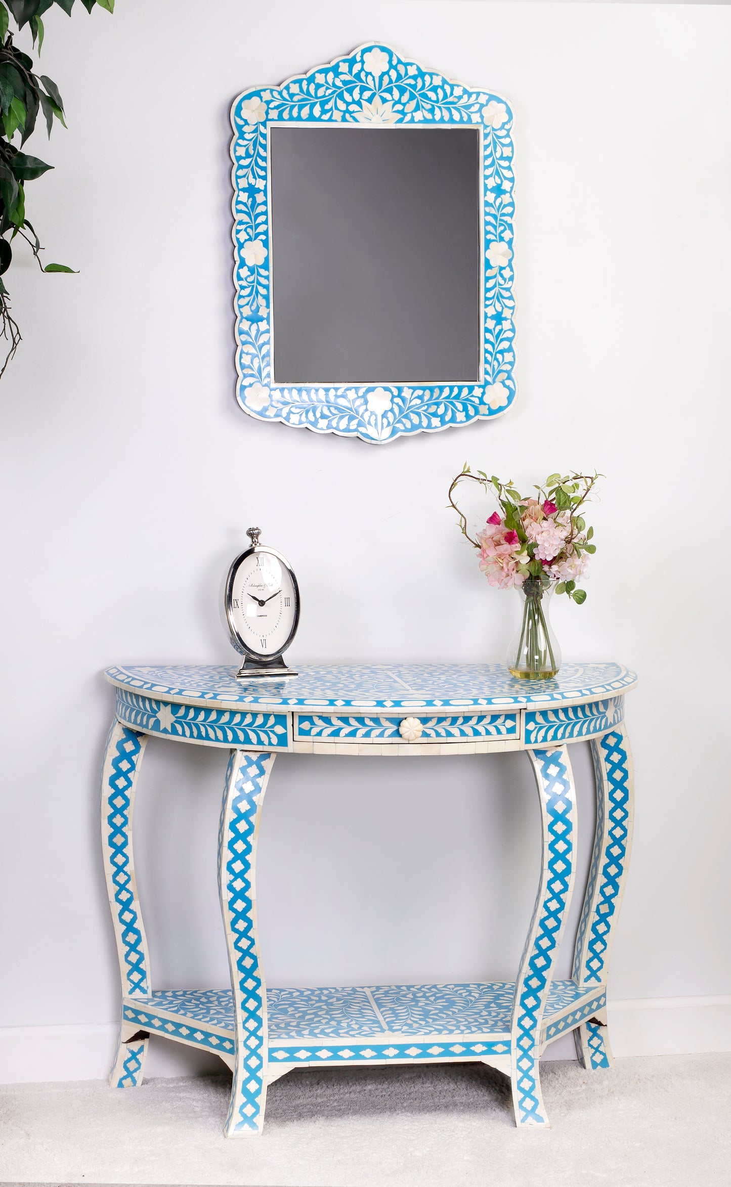 Butler Specialty Company Vivienne 37.5 in. W Demilune Bone Inlay 1 Drawer Console Table with Lower Open Shelf, Sky Blue