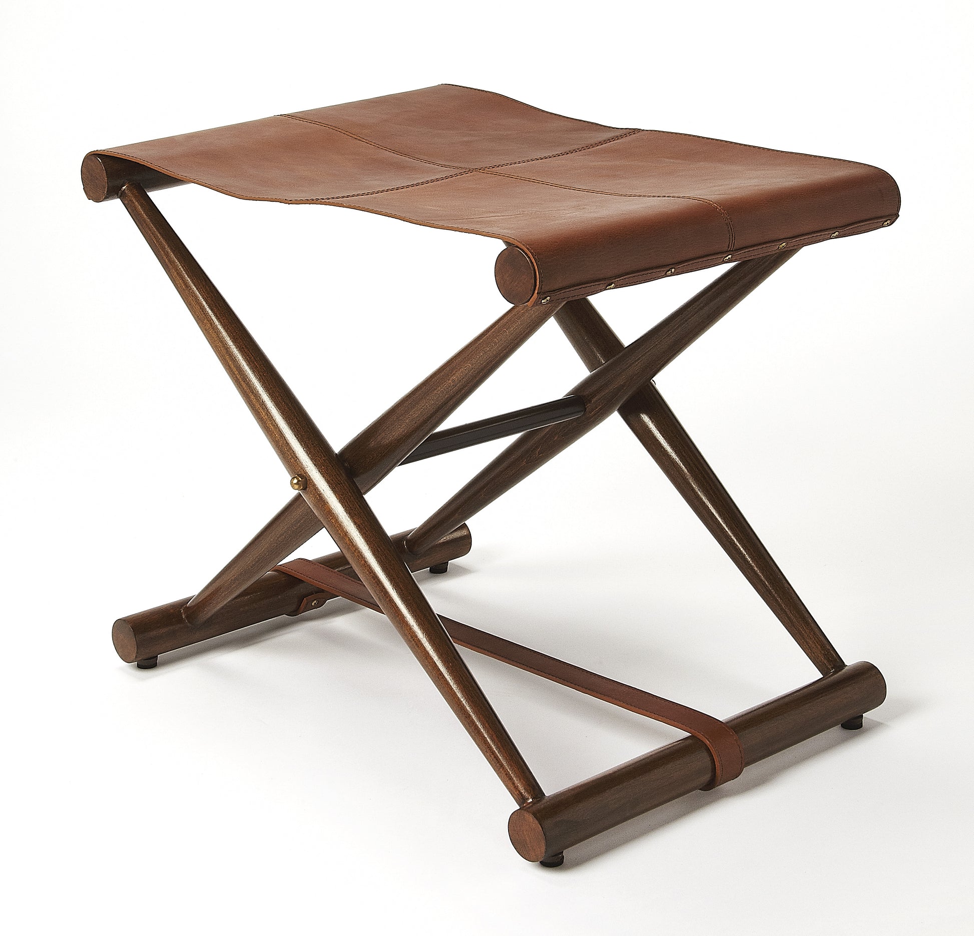 Butler Specialty Company Sutton 23.5 in. W Rectangular Leather and Wood Folding Stool, Medium Brown