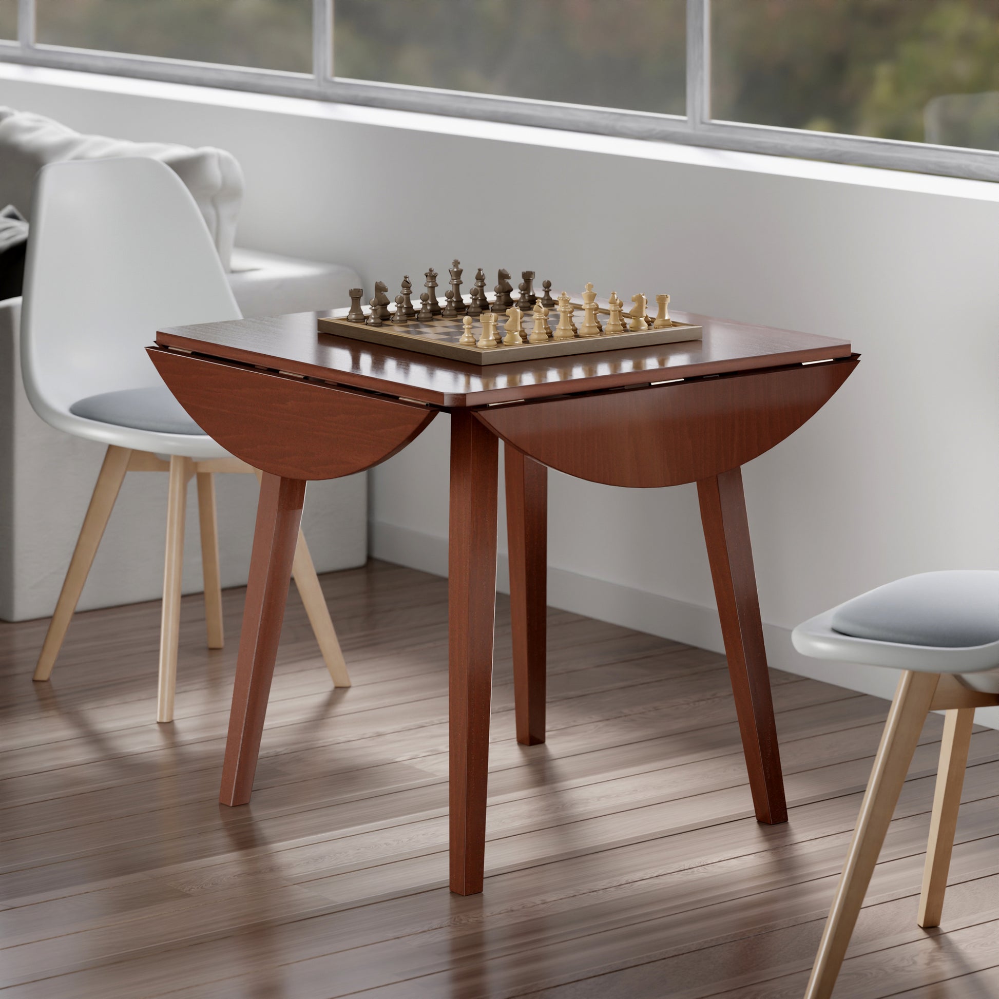 Dawson Round Dining Table, Quad Drop Leaf, Walnut