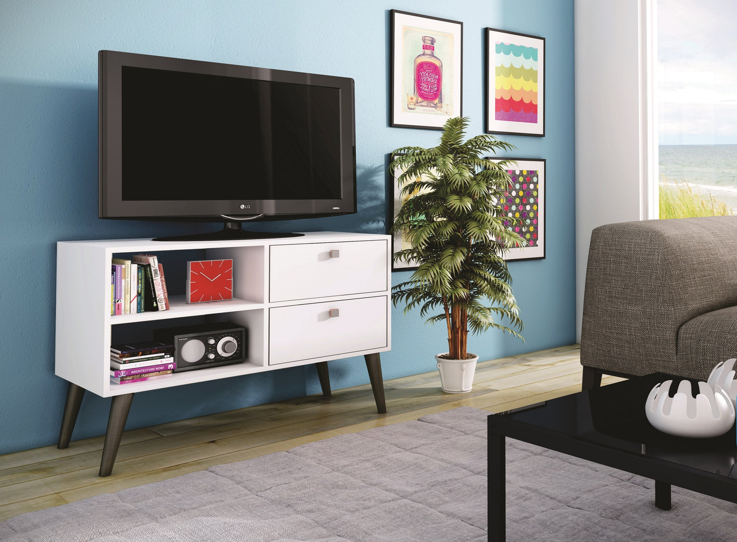 Manhattan Comfort Practical Dalarna TV Stand with 2 Open Shelves and 2-Drawers in White 3AMC129
