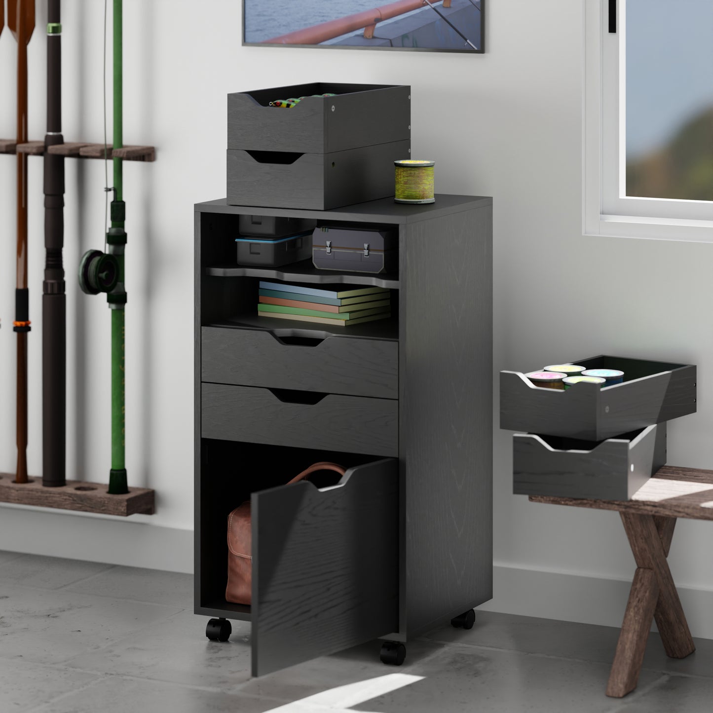 Halifax Bins & Drawers Multi-Storage Tall Mobile Cabinet, Black