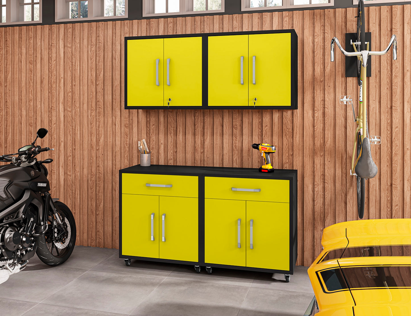 Manhattan Comfort Eiffel 4-Piece Garage Storage Set in Matte Black and Yellow 4-257BMC84