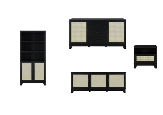 Manhattan Comfort Sheridan Modern Cane 4-Piece Set: Bookcase, TV Stand, Sideboard, Nightstand in Black