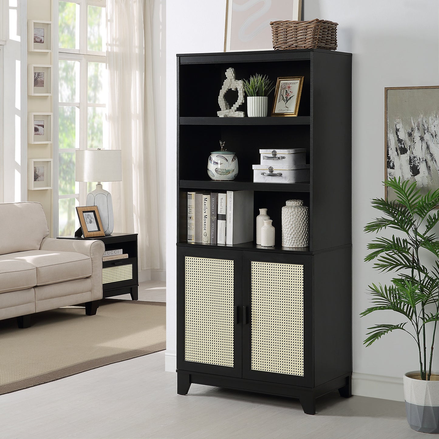 Manhattan Comfort Sheridan Modern Cane 4-Piece Set: Bookcase, TV Stand, Sideboard, End Table in Black 4-3456GLF-BK