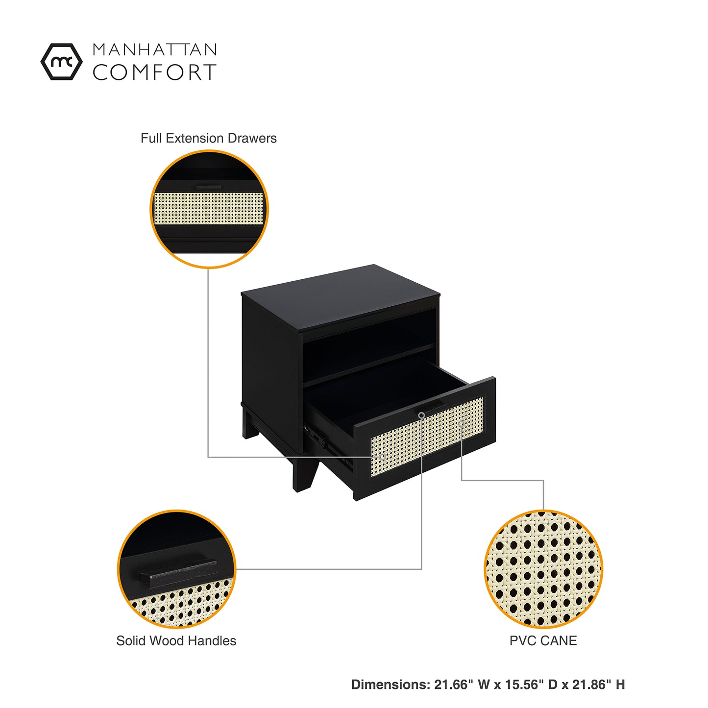 Manhattan Comfort Sheridan Modern Cane 4-Piece Set: Bookcase, TV Stand, Sideboard, End Table in Black 4-3456GLF-BK