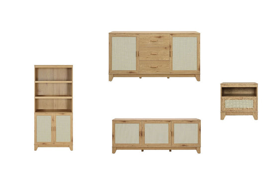 Manhattan Comfort Sheridan Modern Cane 4-Piece Set: Bookcase, TV Stand, Sideboard, Nightstand in Nature